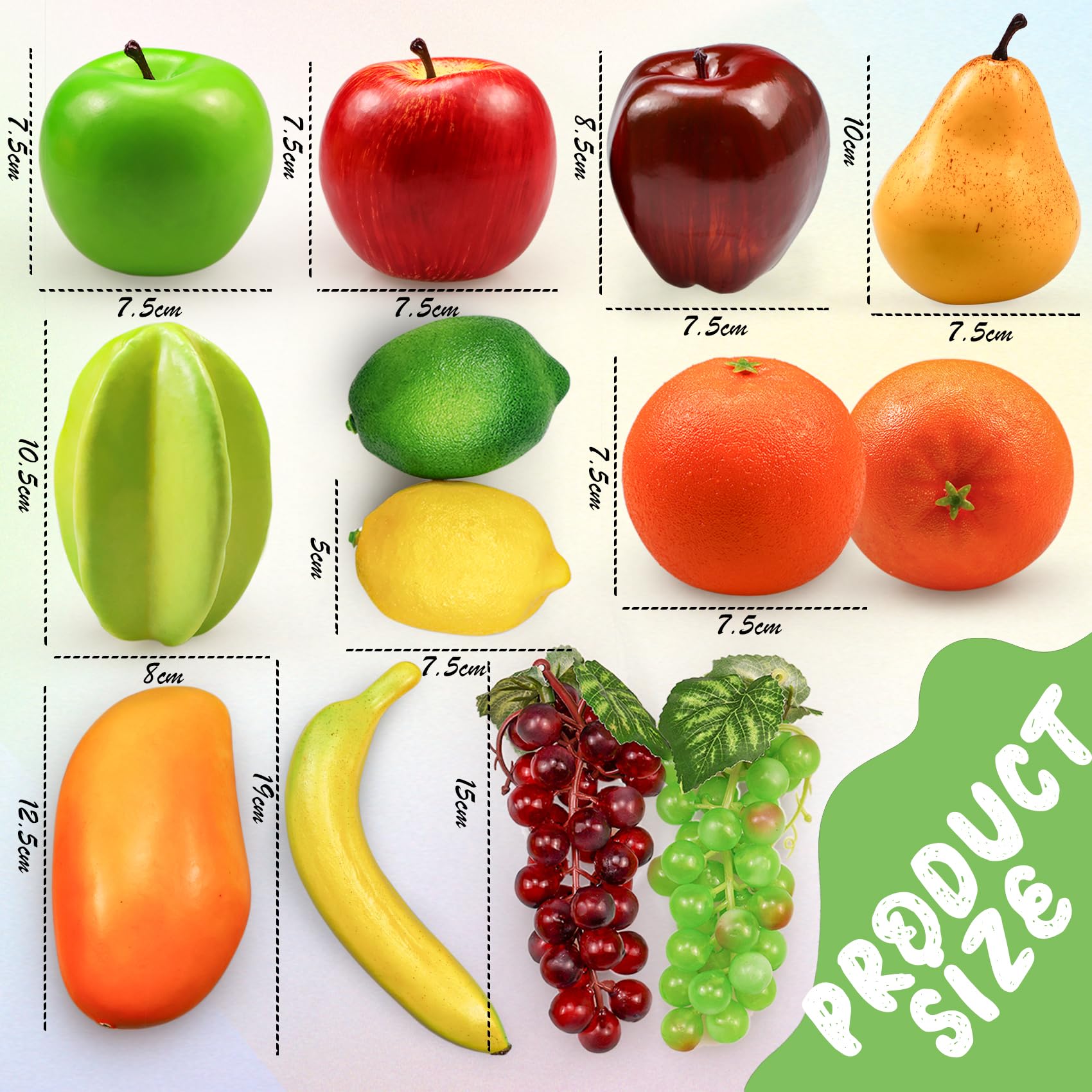 Ikosora 13 Pcs Artificial Fruit Set, Fake Mixture Fruits for Home Decor, Simulation Fruit Set for Party Christmas Decoration, Faux Fruit Model for Photoshoot, Artificial Apple Orange Pear Grape