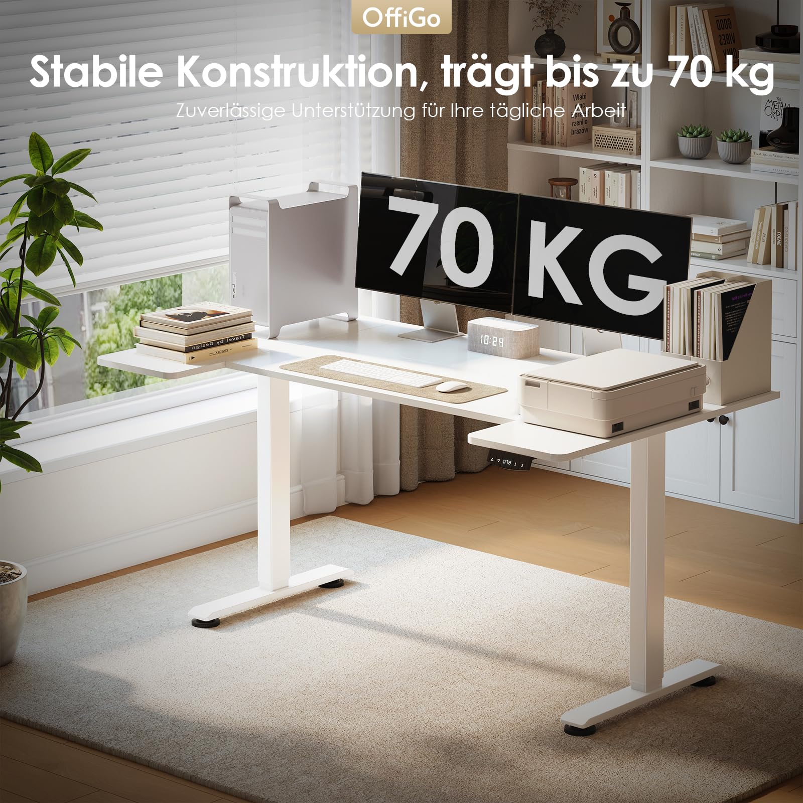 OffiGo U-förmiges Höhenverstellbarer Schreibtisch, 140 x70 cm, Elektrischer Steh-Sitz Tisch, Standing Desk, Home Office Computertisch, Memory Funktion, Leiser Motor, Weiß