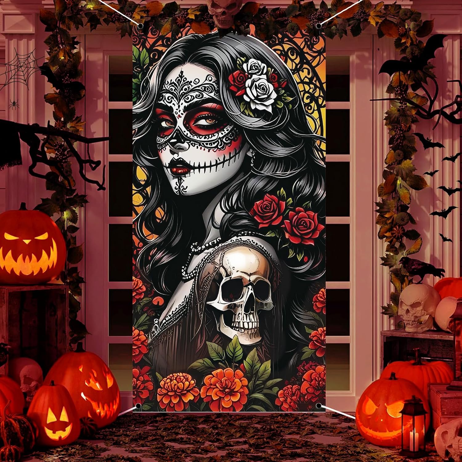 Day of The Dead Door Cover,Dia De Los Muertos Porch Sign Banner Gothic Halloween Sugar Skull Rose Flowers Backdrop Mexican Fiesta Party Decorations and Supplies for Home House Room Decor (Rose Black)