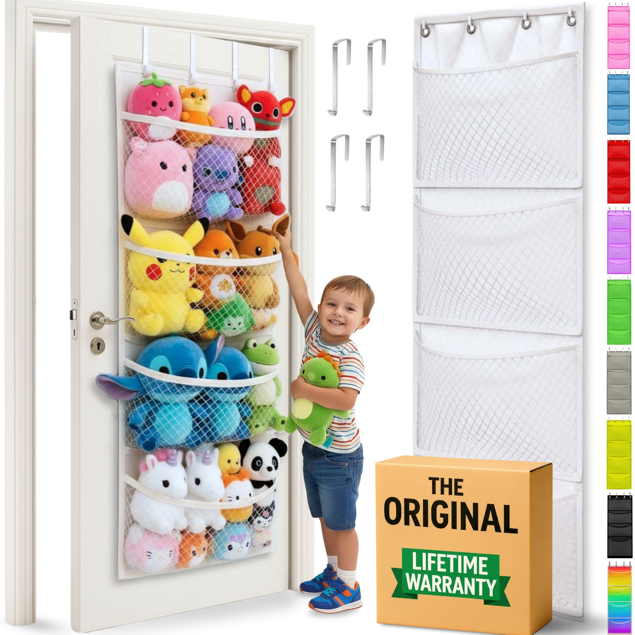 Storage for Stuffed Animals - Over Door Organizer for Stuffies, Baby Accessories, and Toy Plush Storage / Easy Installation with Breathable Hanging Storage Pockets WHITE