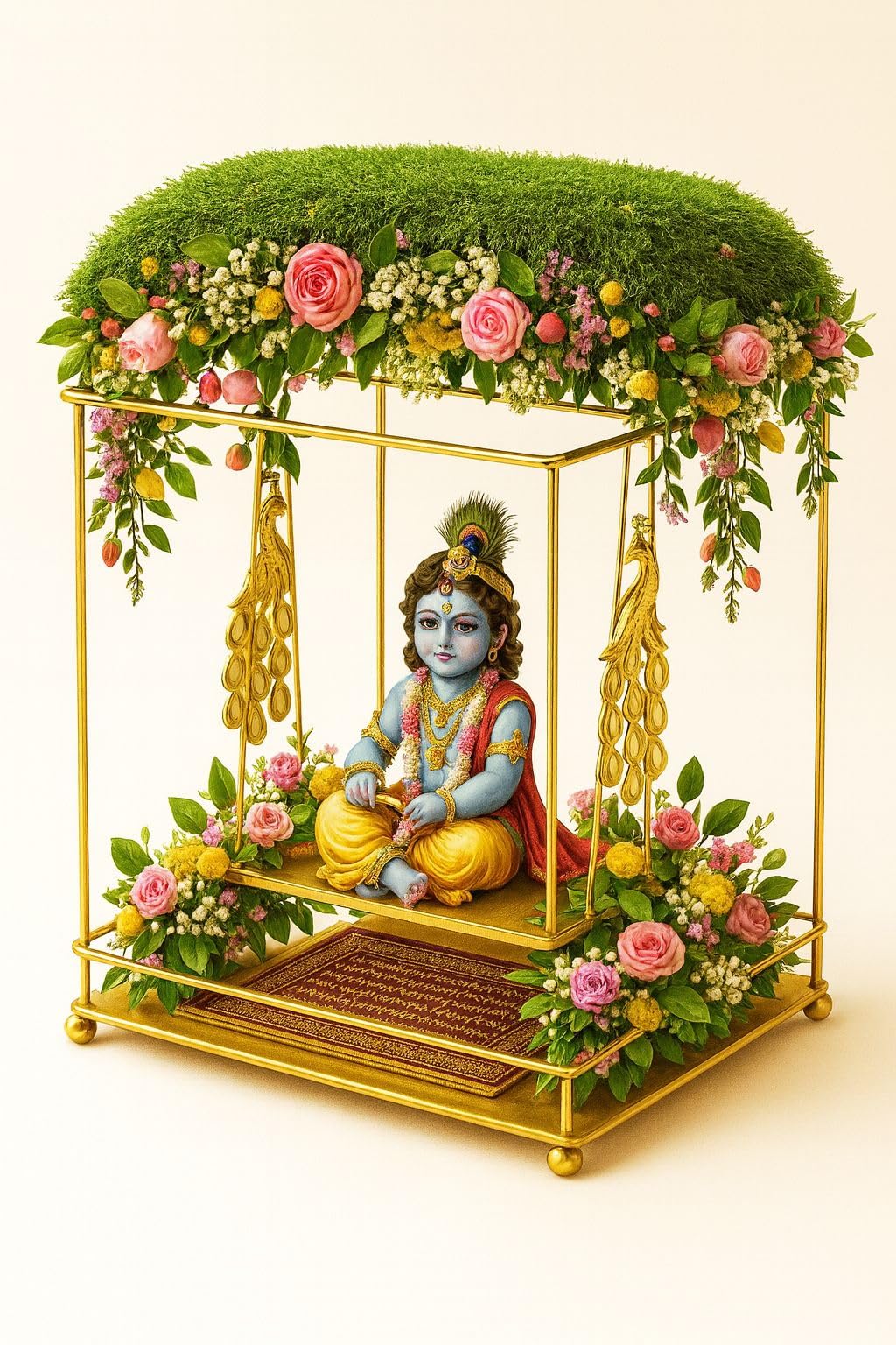 Ladoo gopal jhola,Golden Metal Jhula Stand with Peacock Design, 20x20x20 cm | Decorative Swing Frame, Pooja & Wedding Decor, Peacock Motif Accents, Swing Shelf Included, Gold Finish Metal-image-39
