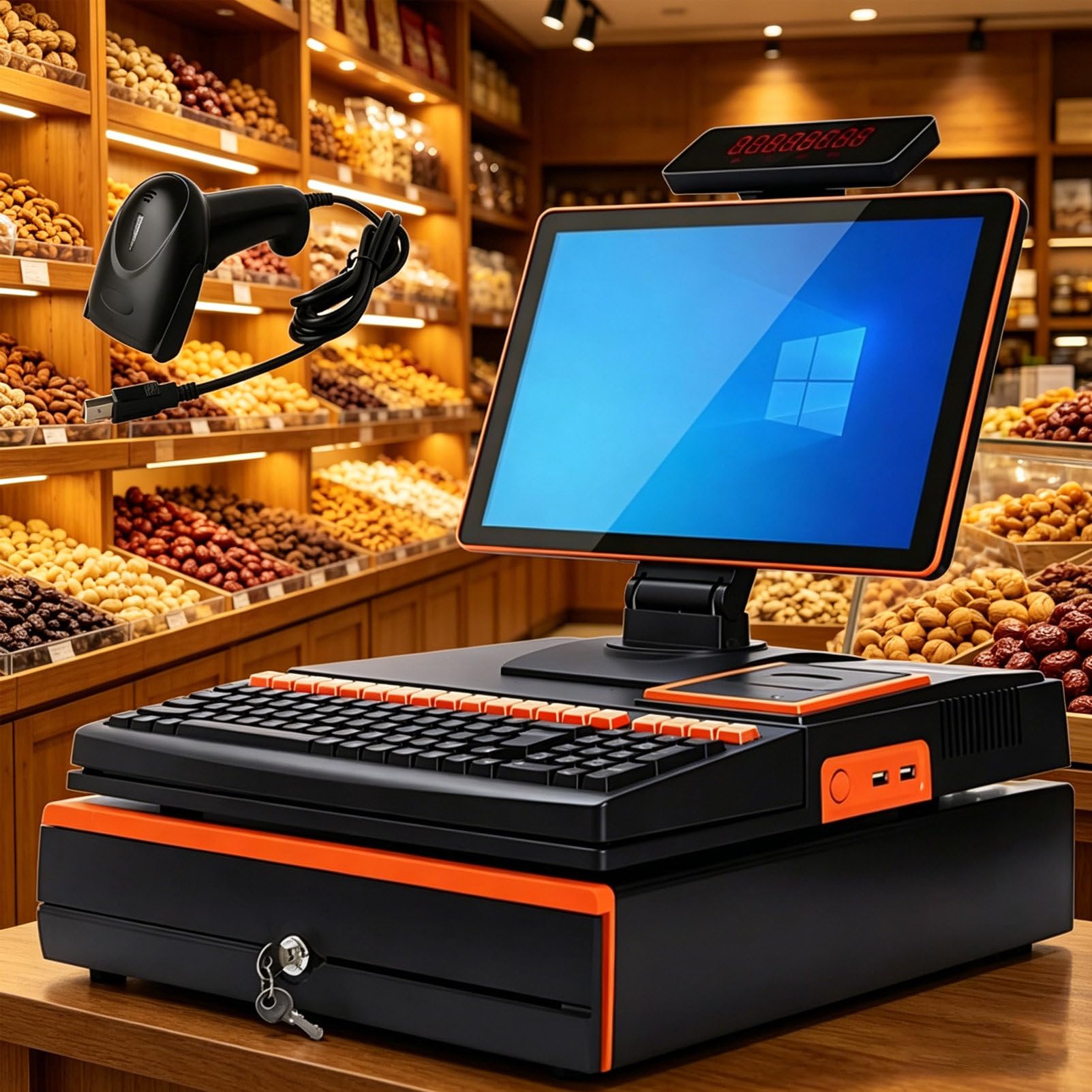Pvxa Orange Smart Cash Register, All-In-One Cash Register With 15.6" Touch Screen Monitor, With Cpu I3, 4 Gb Ram, 64 Gb Ssd, Windows 10, For Retail And Restaurant Singlescreen