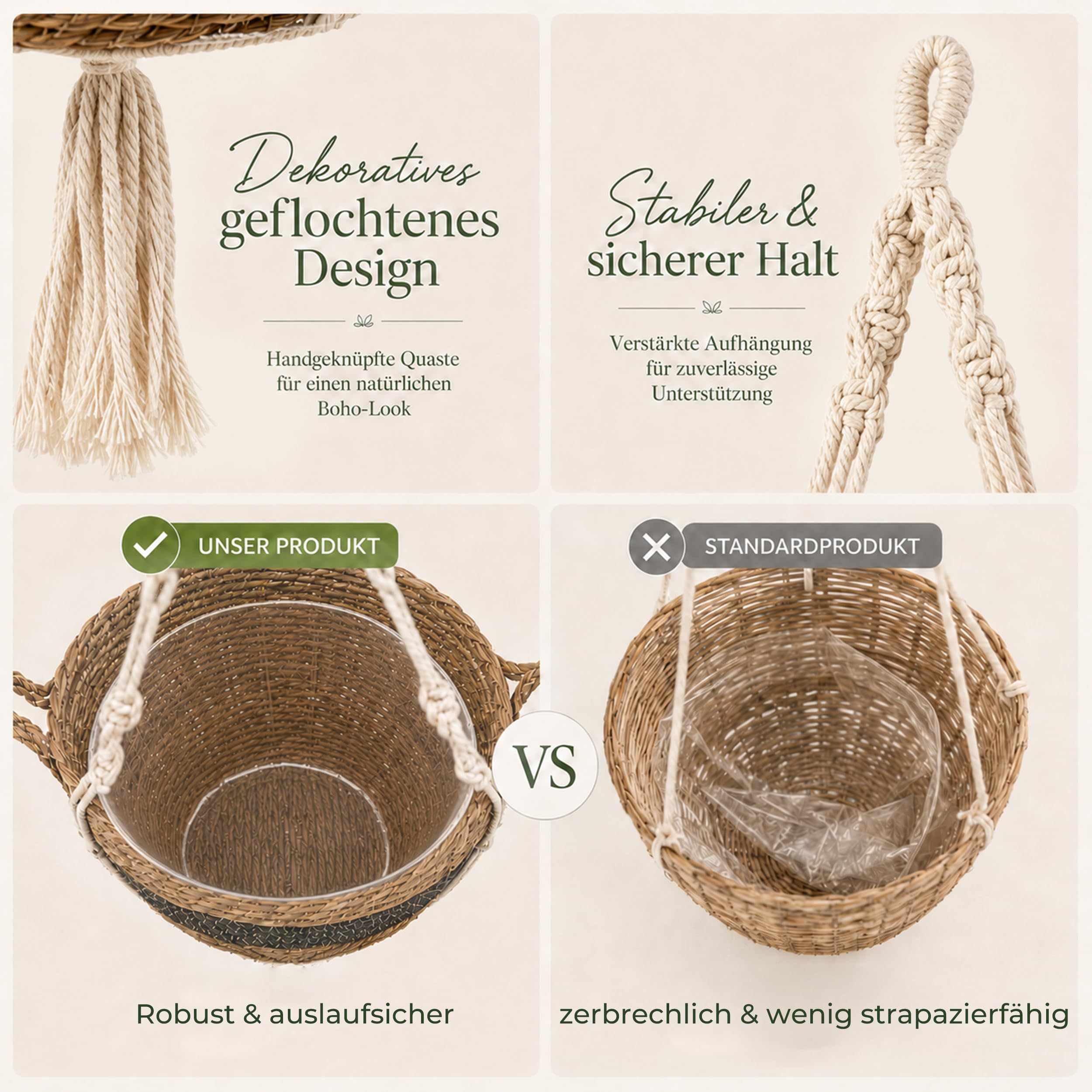 Lot de 3 pots de fleurs suspendus en jonc de mer - Matériau naturel tissé à la main - Panier de fleurs bohème avec corde en coton, crochet en métal et arroseur goutte à goutte - Pour intérieur