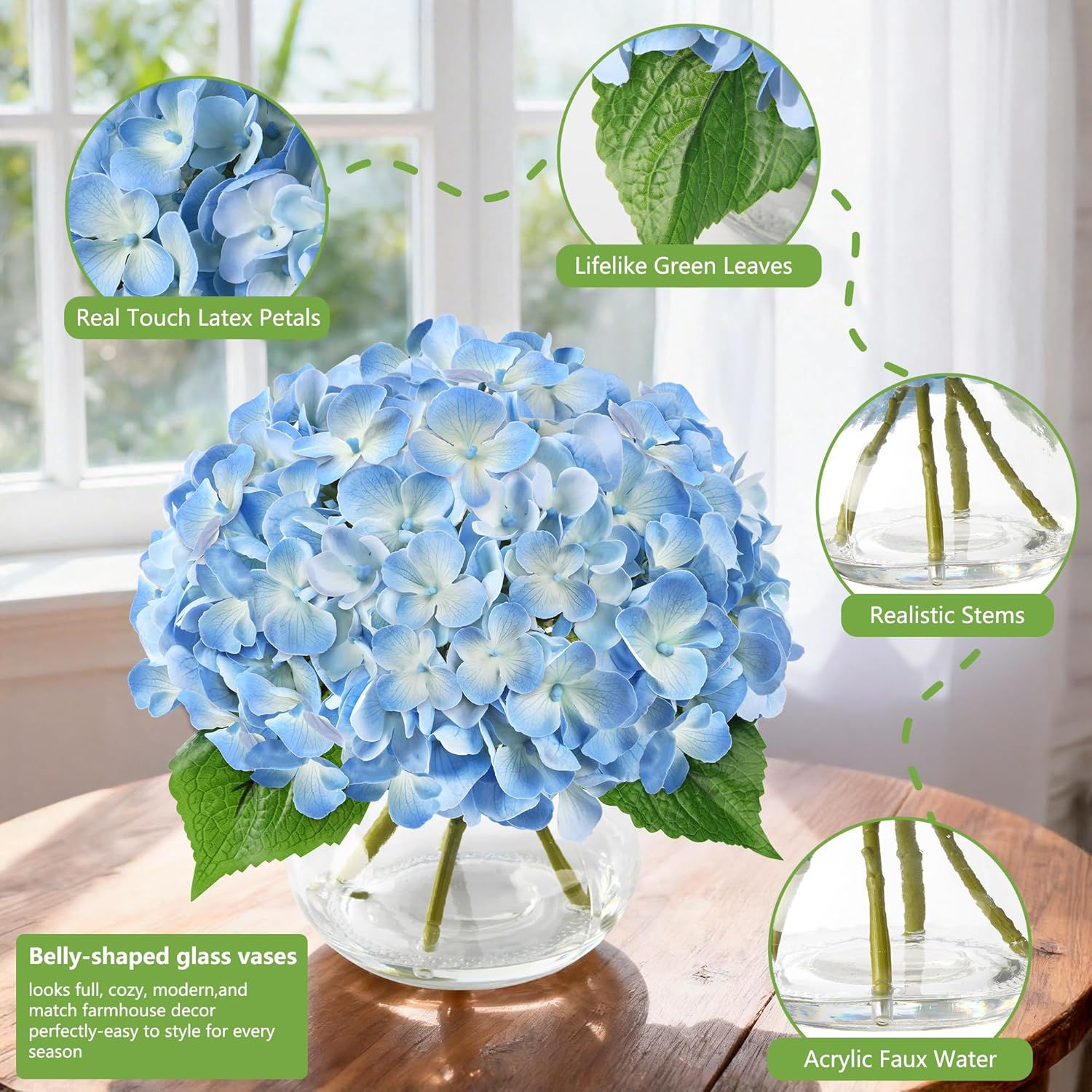 Artificial Hydrangea Flowers Arrangements in Glass Vase for Home Decoration, Faux Hydrangea Flowers for Floral Arrangements with Faux Water Wedding Bouquets Kitchen Table Centerpiece Decorations