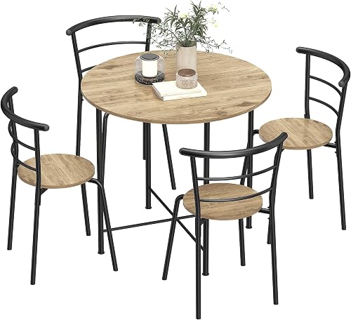 HOMCOM Juego de Mesa y Sillas de Comedor Compact Estilo Industrial, Mesa de Cocina Redonda con 4 Sillas, Marco Metálico para Salón y Espacios Pequeños, Mesa Ø85x76 cm, Natural