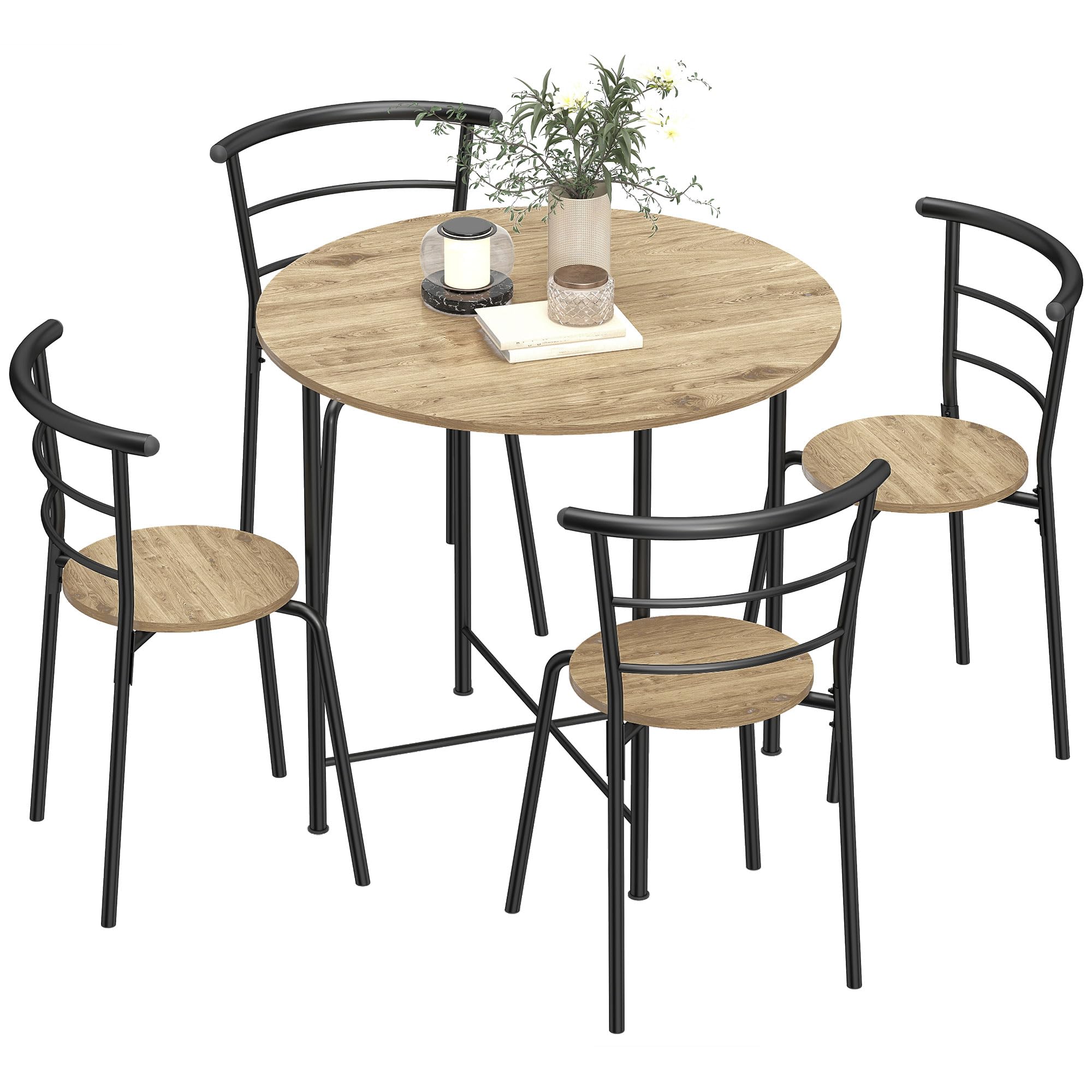 HOMCOM Juego de Mesa y Sillas de Comedor Compact 4 Sillas Ø85x76 cm Natural | Estilo Industrial, Mesa de Cocina Redonda, Marco Metálico, para Salón y Espacios Pequeños