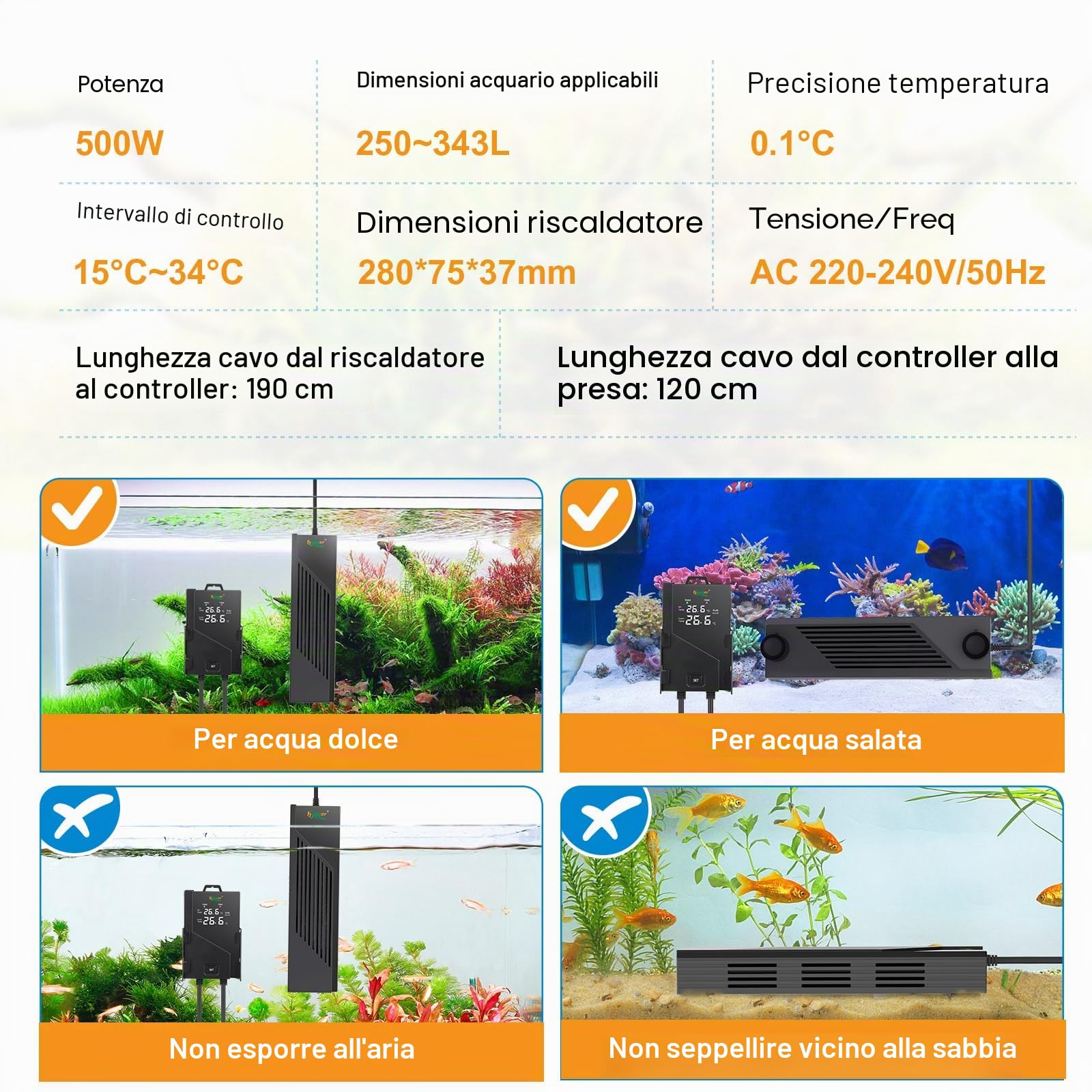 hygger Sommergibile Riscaldatore per Acquario,500W Regolabile Aquarium Heater Fish Tank Heater con Display Digitale Controller, Riscaldatore per Acquario Tartarughe di 250-343L Acqua Dolce