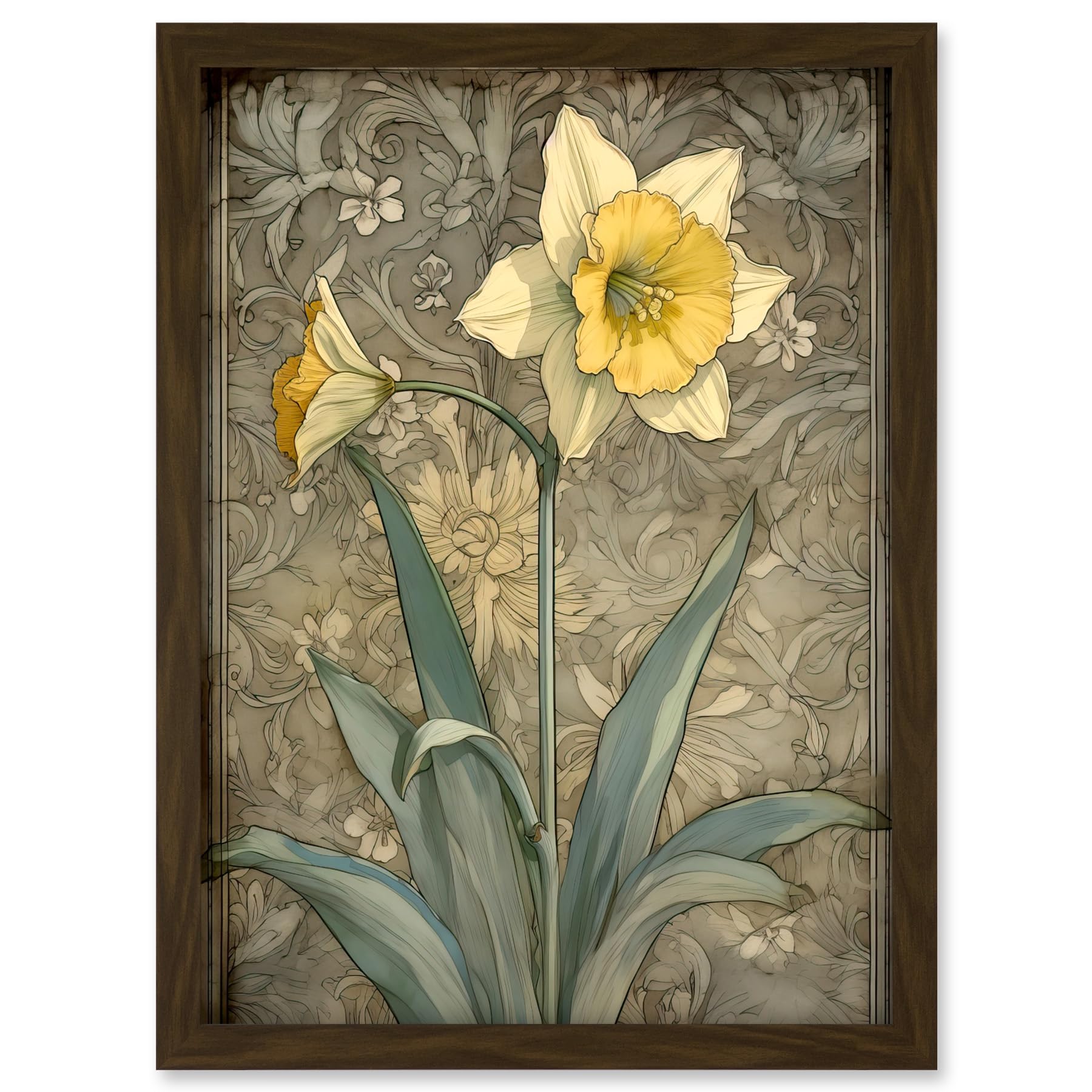 Artery8 Daffodil Flower Pastel Watercolour Art Nouveau Artwork Framed A3 Wall Art Print