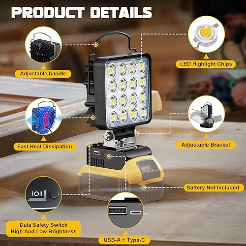 Miniatura 2 de Linterna inalámbrica de 48 W para DeWALT 20 V máx. Luz de trabajo LED Ecarke de 4800 lm para batería DeWALT de 18 V, con doble puerto y interruptor