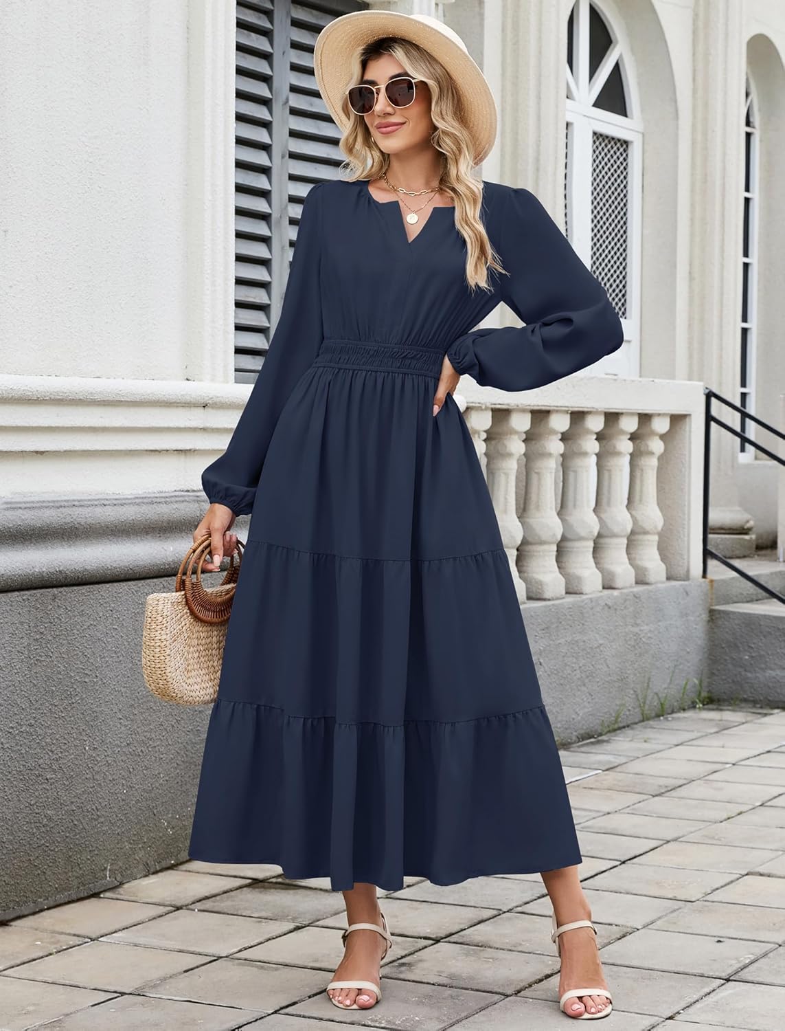 ZAFUL Womens Fall Maxi Dresses 2025 Puff Long Sleeve V Neck High Waist A Line Long Flowy Tiered Wedding Guest Dress Pockets - Image 2