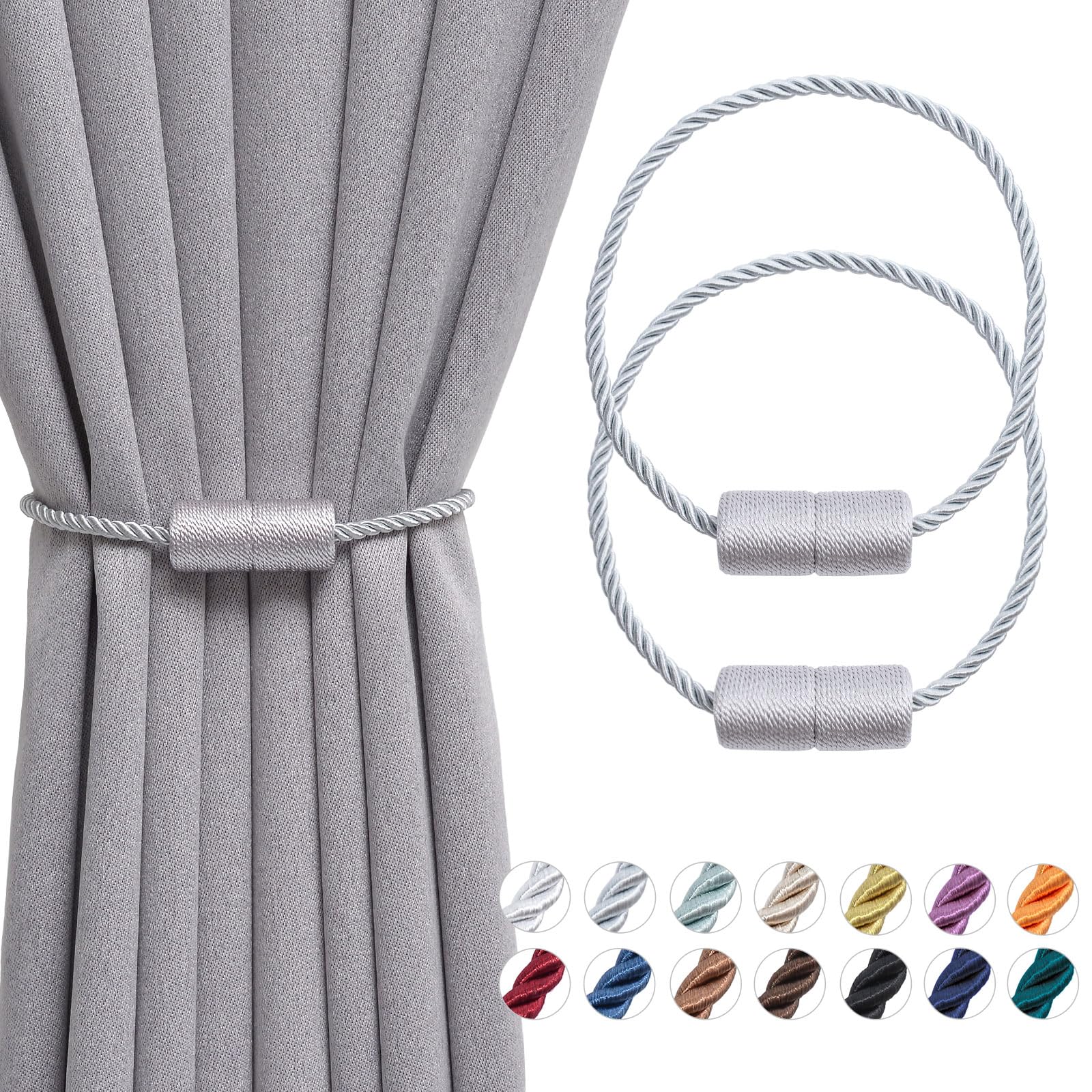 Pretty Jolly 2 Pack Magnetic Curtain Tiebacks - 16 Inch Handmade Weave Side Rope Curtain Holdbacks for Home & Office Window Drapery (Grey)