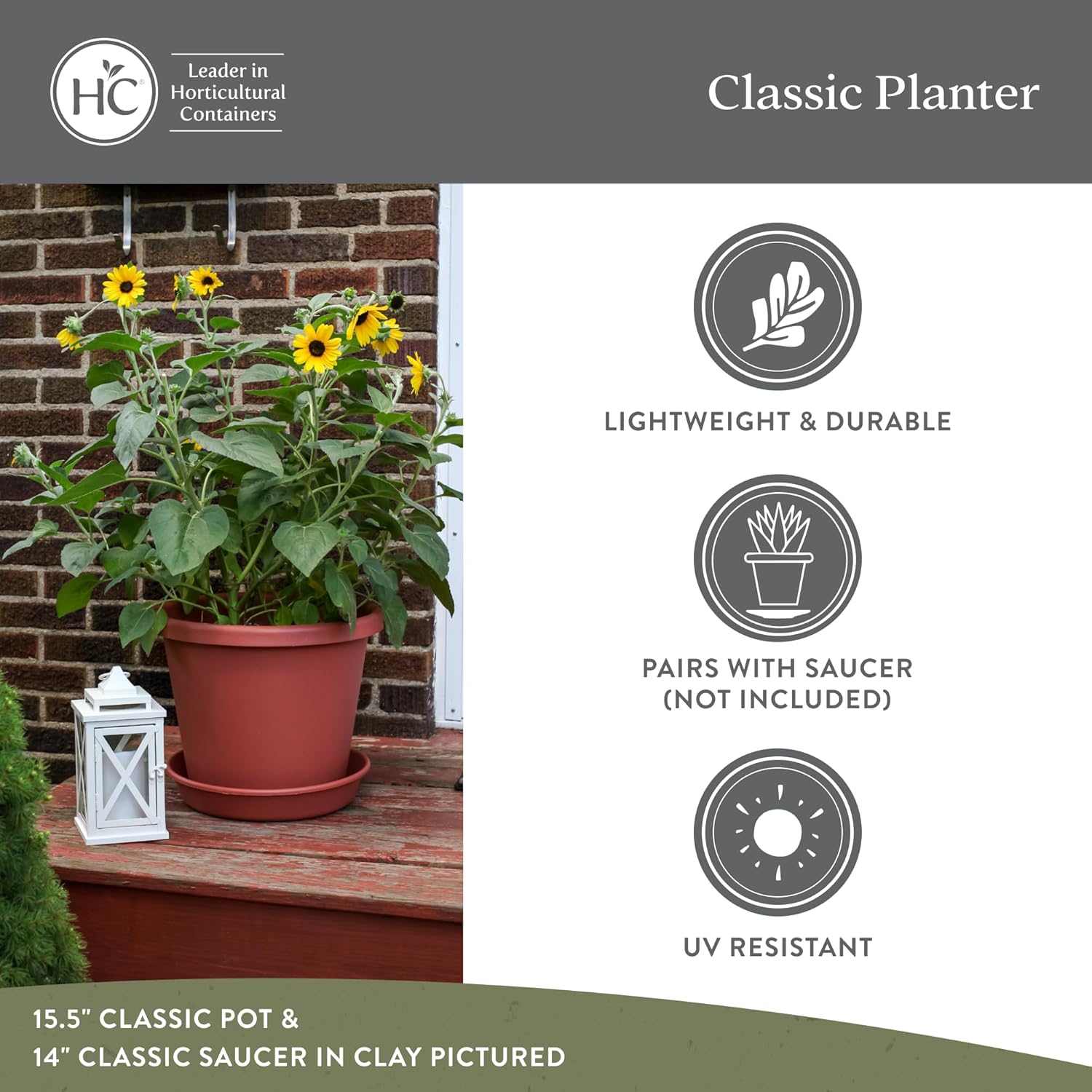 The HC Companies Classic Round Plastic Plant Pot w/Rolled Rim - Lightweight & UV Resistant Flower Pot for Herbs & More - Outdoor & Indoor Plant Pots w/Drainage (15.5 inch, Chocolate, Pack of 1)