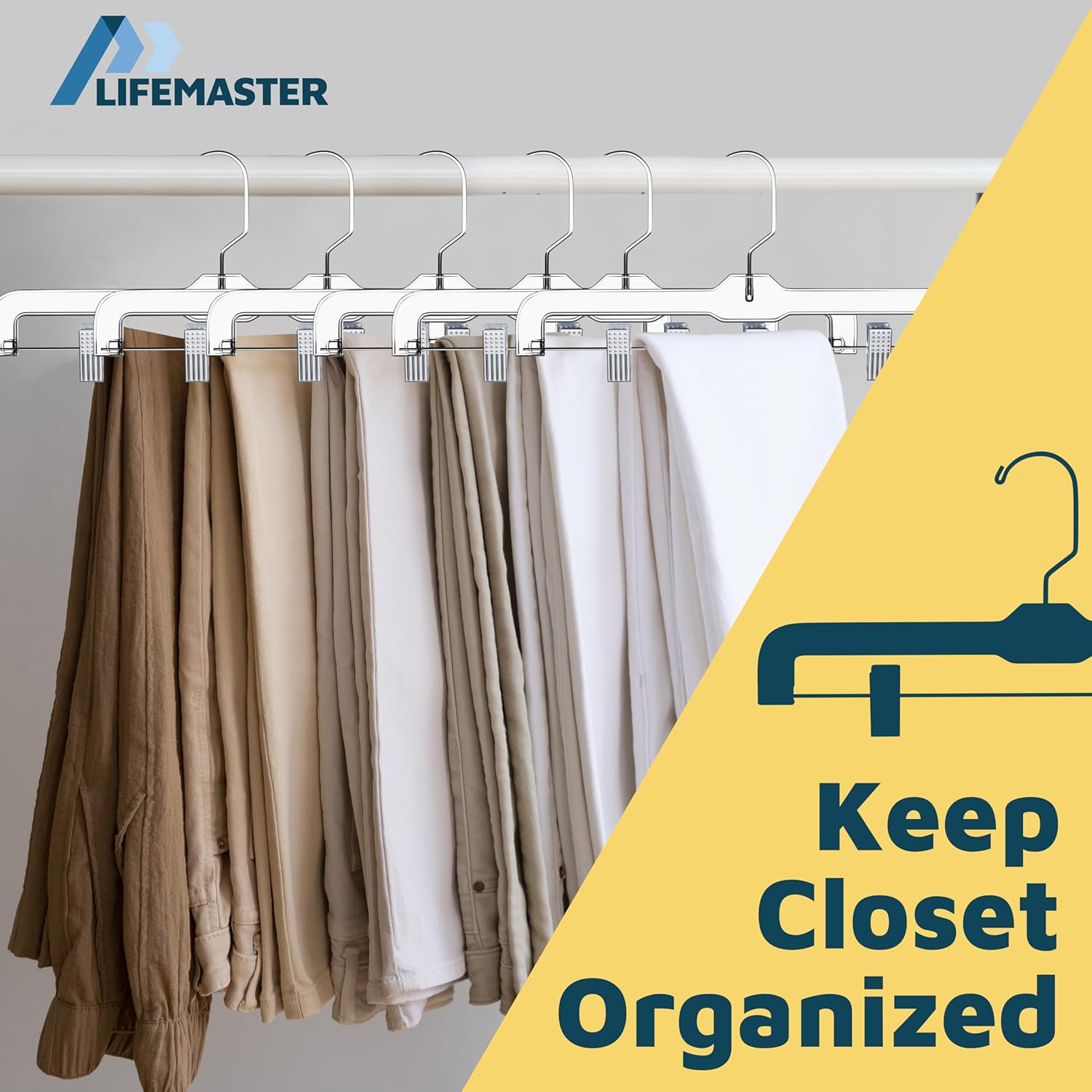 Lifemaster Clear Plastic Hangers - 50 Pieces 14 Inches Anti-Slip Space-Saving, Closet Organization Solution - Pants, Trousers, Skirts, Jeans Hangers with 360° Swivel Hook and Adjustable Clips - Clear