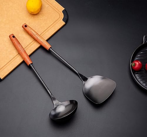 Miniatura 4 de FJNATINH Juego de herramientas para wok de espátula y cucharón, utensilios de wok de 14.2-15 pulgadas, espátula de wok de acero inoxidable