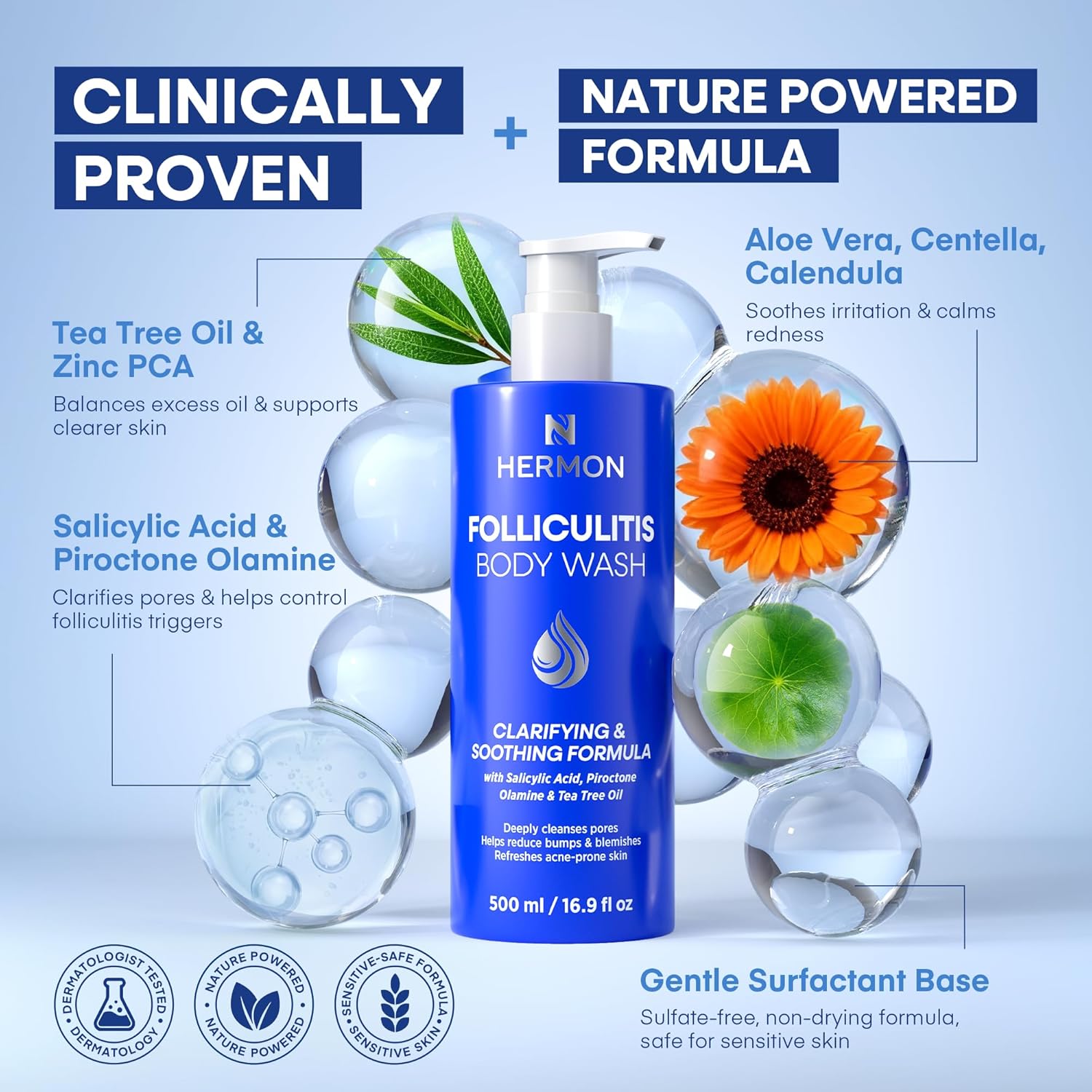 Hermon Folliculitis Body Wash with Tea Tree Oil: Antifungal Body Wash for Folliculitis, Back Acne, Ringworm, Jock Itch & Acne-Prone Skin – Helps Soothe Itchy, Dry & Irritated Skin for Men & Women