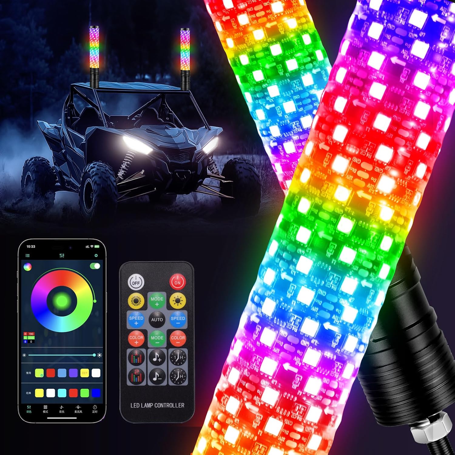2PCS 1FT Fat Whip Lights, LED Fat Whip Light with App & Remote Control, Brighter Spiral Chasing Lighted Antenna Whips for UTV ATV RZR SXS Can-Am Dune Buggy Offroad Truck