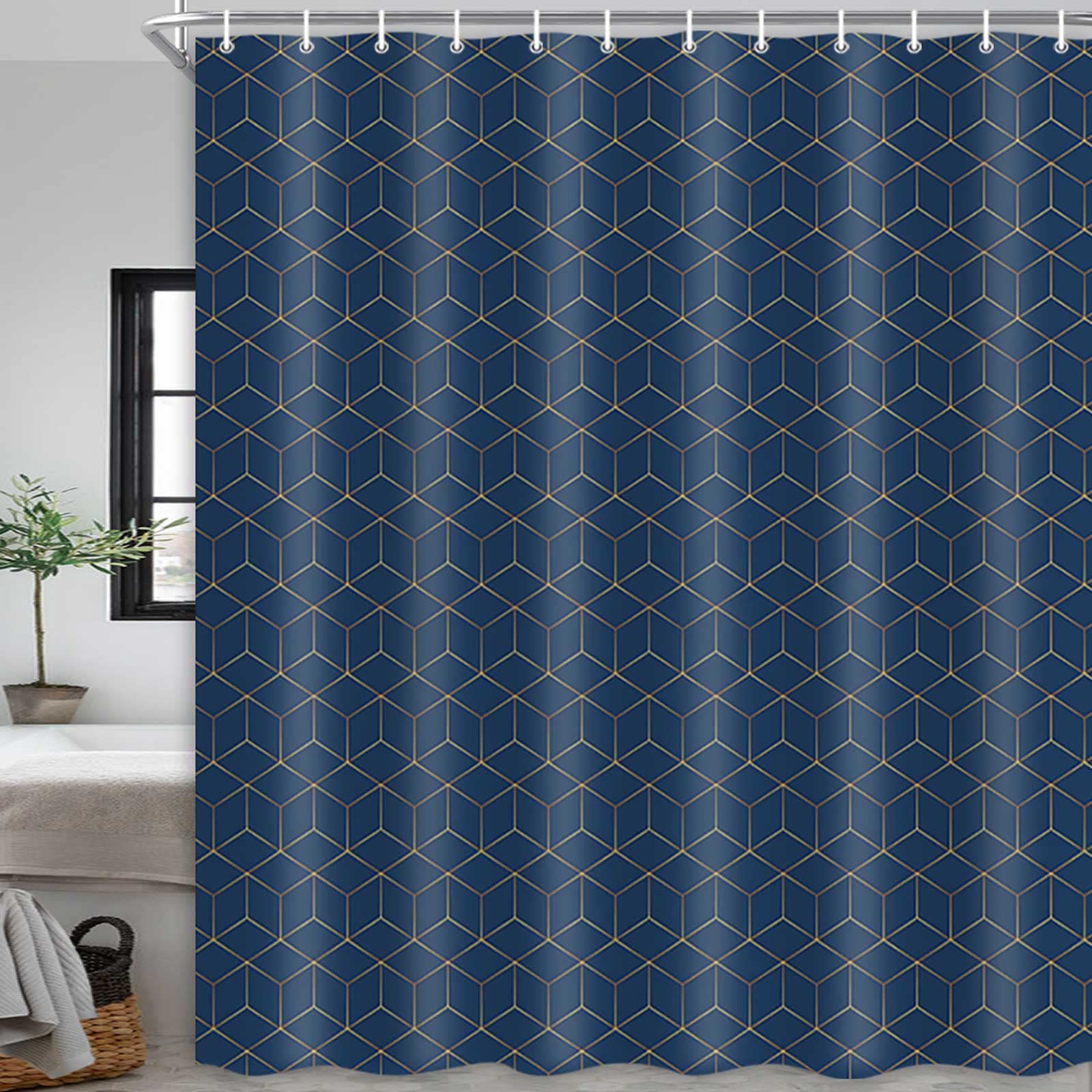 JAWO Hotel Quality Navy Blue Shower Curtain, Blue and Gold Geometric Pattern Fabric Shower Curtains Set, Modern Boho Chic Bathroom Accessories 69X70