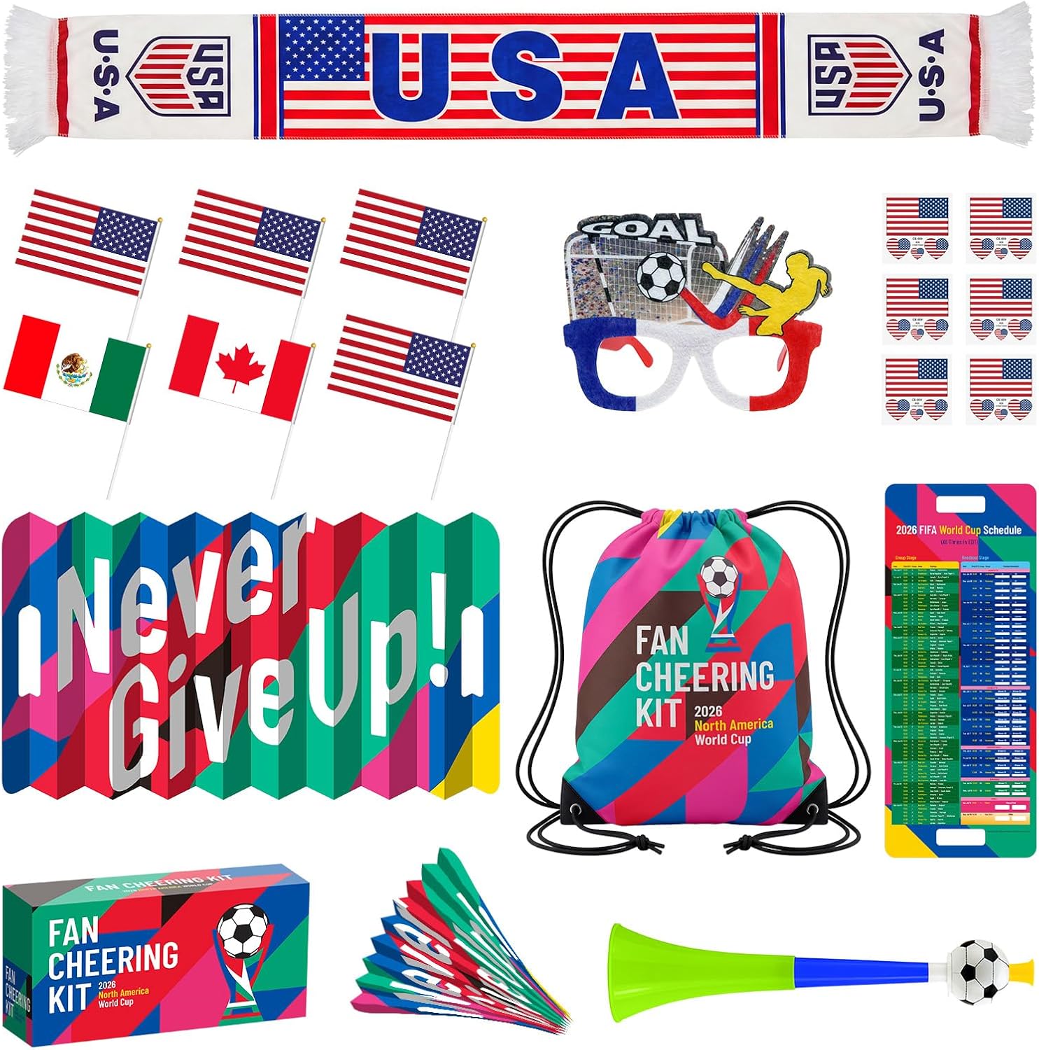 Ultimate 2026 World Soccer Cup USA Fan Kit - 7-in-1 Match Day Set: Flag, Trumpet, Scarf, Glasses, Tattoos, Schedule & Backpack - Patriotic Parade Party Supplies for Fans