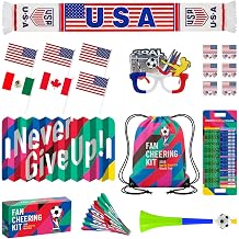 Ultimate World Cup 2026 USA Soccer Fan Gear Kit - 7-in-1 Match Day Celebration Set with Knit Scarf, Handheld Flag, Noise Maker Trumpet, Glasses, Tattoos, Schedule &amp; Drawstring Bag Party Supplies(USA)
