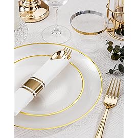 Morejoy 175PCS Pearl White and Gold Plastic Plates - Disposable Gold Party Plates & Pre Rolled Napkins with Cutlery for 25 Guests, 50Plates, 75Silverware, 25Cups, 25Napkin for Party & Thanksgiving