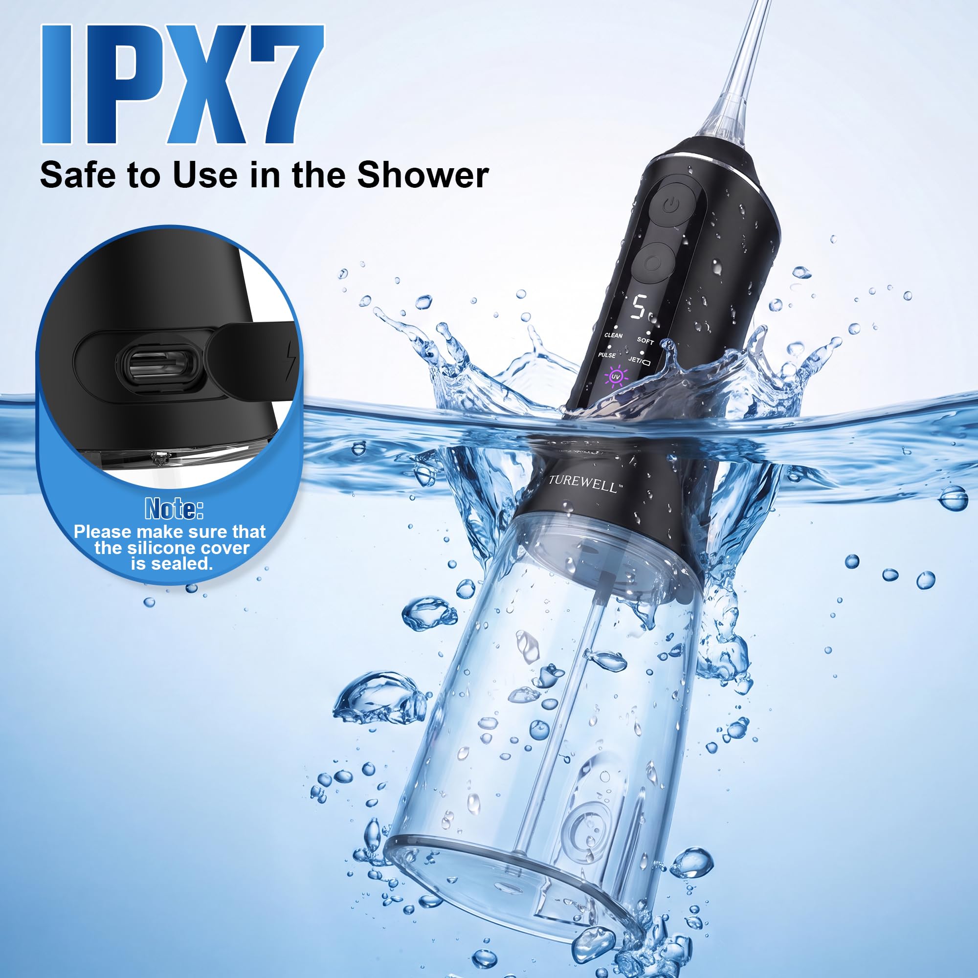 TUREWELL Idropulsore Dentale con Modalità UV, Irrigatore Orale Portatile | Serbatoio UVC 2 in 1, regolazione 5 livelli, impermeabile IPX7, batteria fino a 40 giorni, serbatoio 300 ml