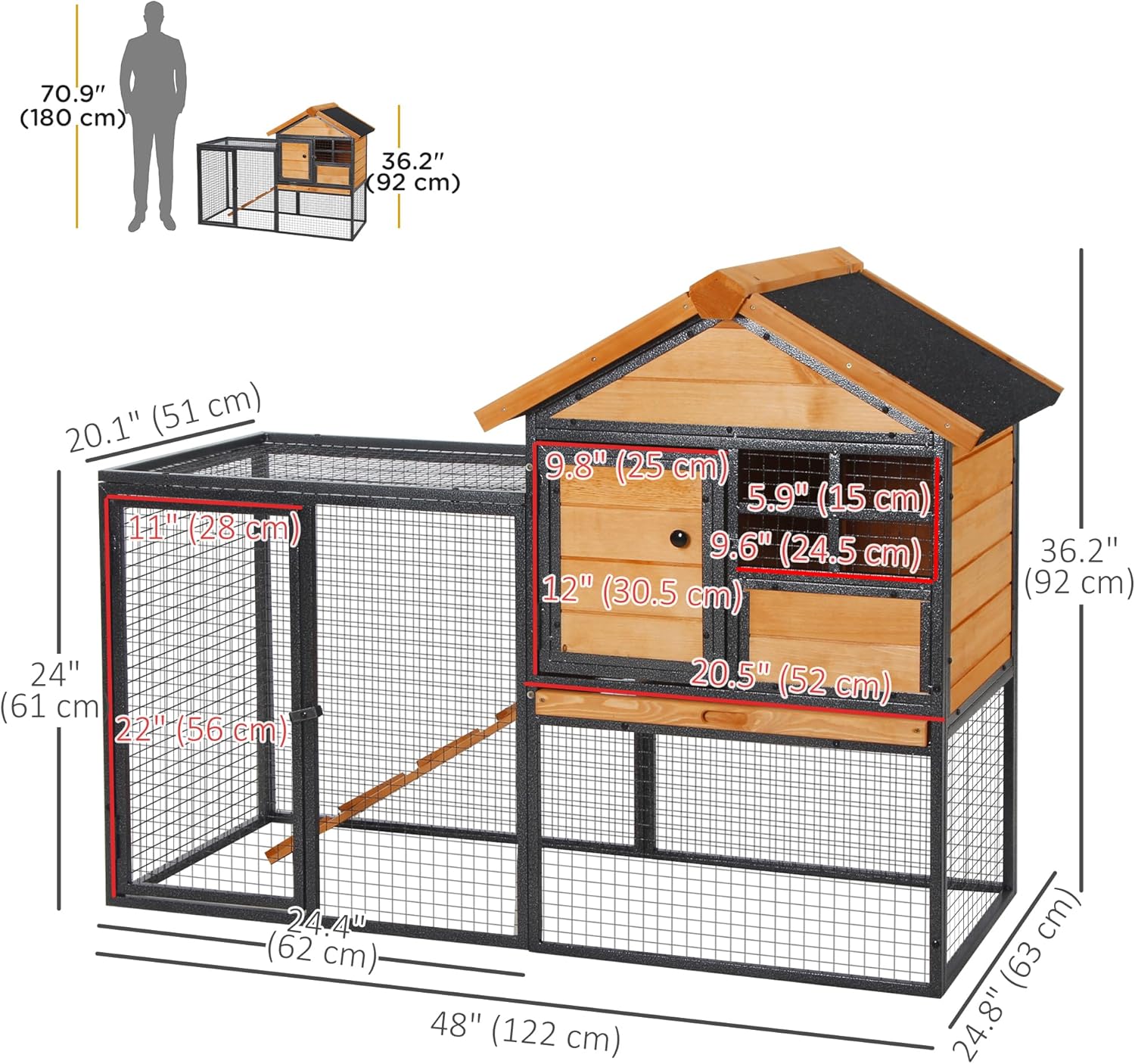 PawHut Wood-Metal Pet House Elevated Rabbit Hutch Bunny Cage Small Animal Habitat with Slide-Out Tray Lockable Door Water-Resistant Asphalt Roof Outdoor 48"x25"x36" Light Yellow