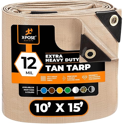 Heavy Duty Tan Poly Tarp 10' X 15' - Multipurpose Protective Cover - Durable, Waterproof, Weather Proof, Rip and Tear Resistant - Extra Thick 12 Mil Polyethylene - by Xpose Safety