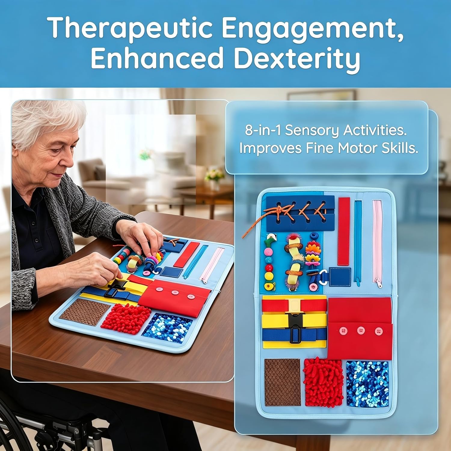Fidget Blanket for Adults with Dementia Alzheimer's, 8-in-1 Sensory Motor Aids, Busy Blanket for Autism Anxiety, Calming Therapeutic Tool, Fine Motor Activity Mat, Washable Portable