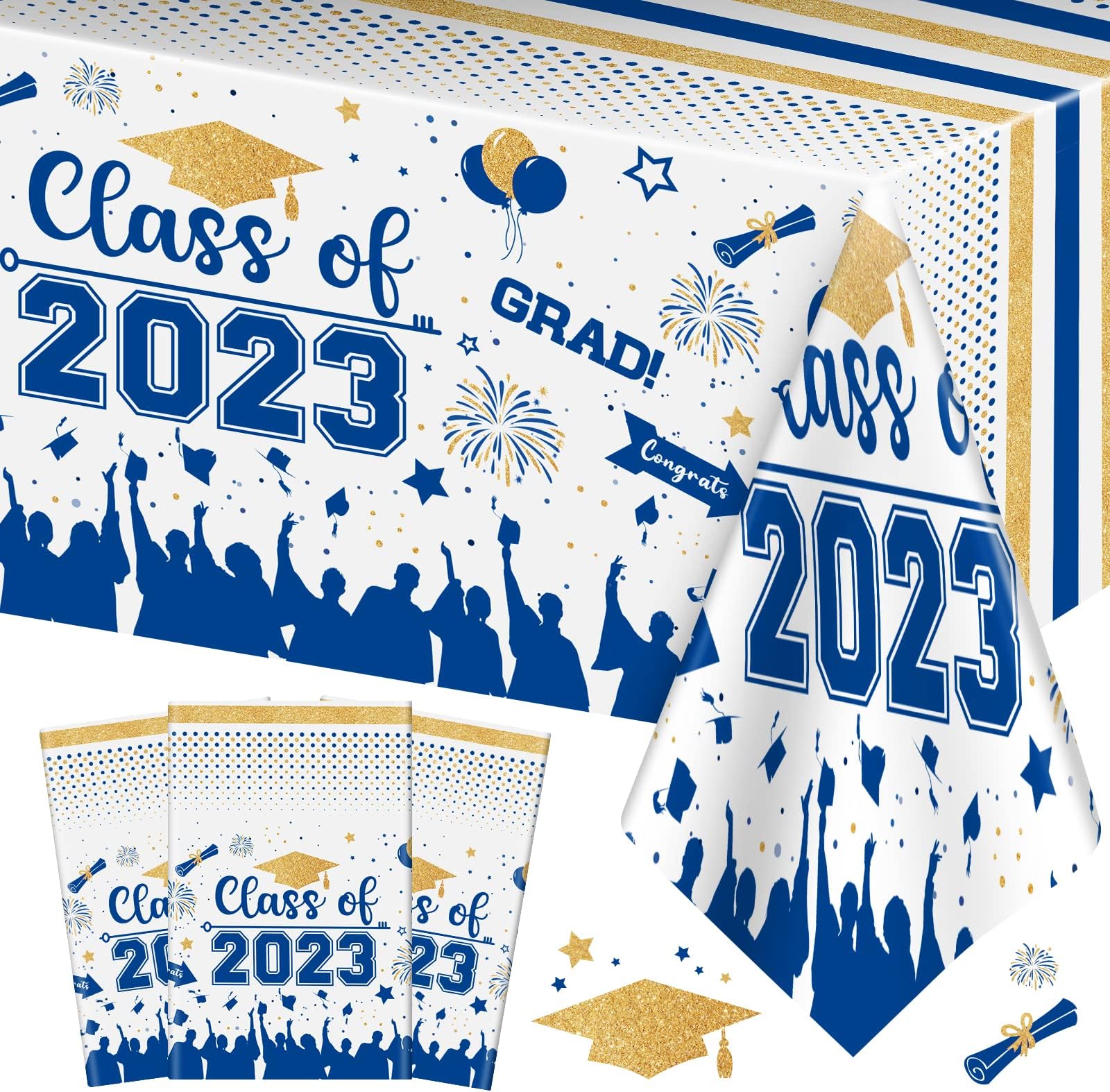 PERFQUGraduation Decorations Class of 2025 Tablecloth - 3 Pcs Plastic Congrats Grad Table Cloth, Graduation Table Cover for Graduation Party Decorations 2025 and Party Supplies, 54"x108" (Blue and Gold)