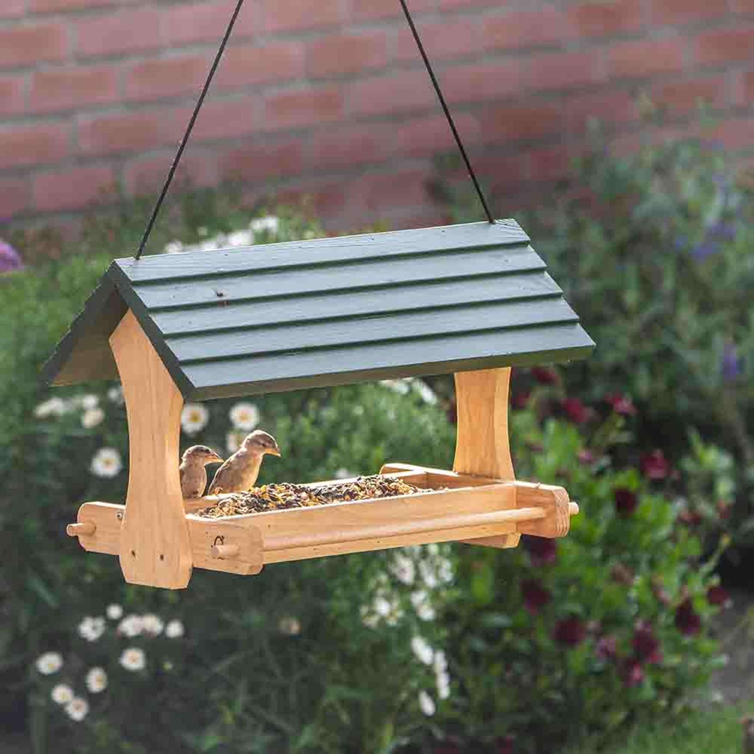 CJ Wildlife Vogelhaus zum Aufhängen – Vogelfutterhaus aus FSC-Holz Grün – Großes Volumen mit Starkem Seil – Futterhaus für Vögel – Platz für Mehrere Vögel gleichzeitig