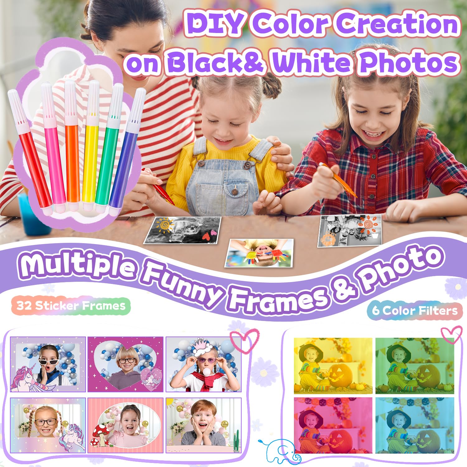 E-WOR Kinderkamera Sofortbildkamera 1080P Digitalkamera mit 32GB Karte & Druckpapier Rosa