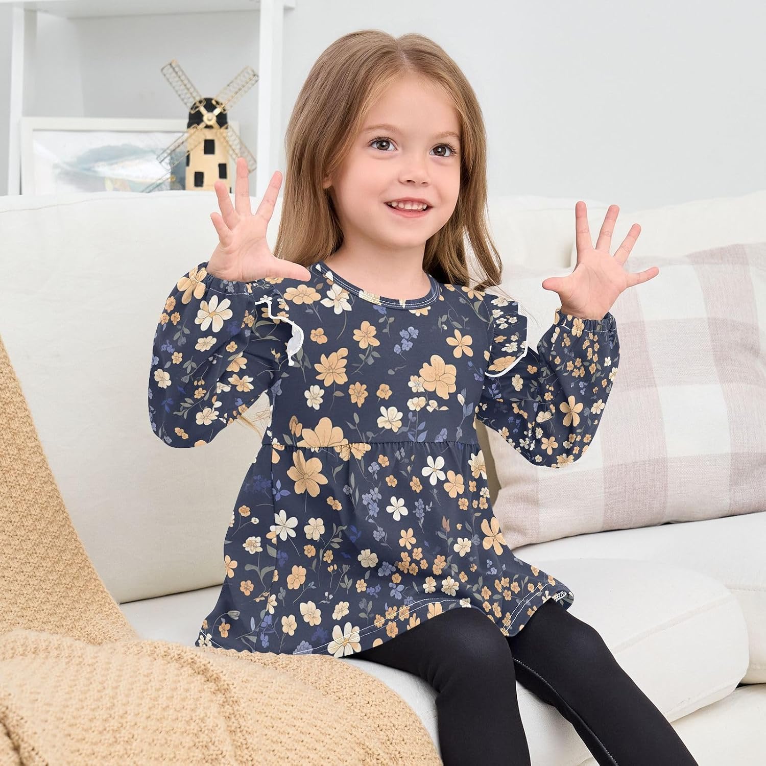 visesunny Toddler Clothes for Girls Light Yellow White Flower Long Sleeve Fall Shirts Cotton Top with Ruffle Collar