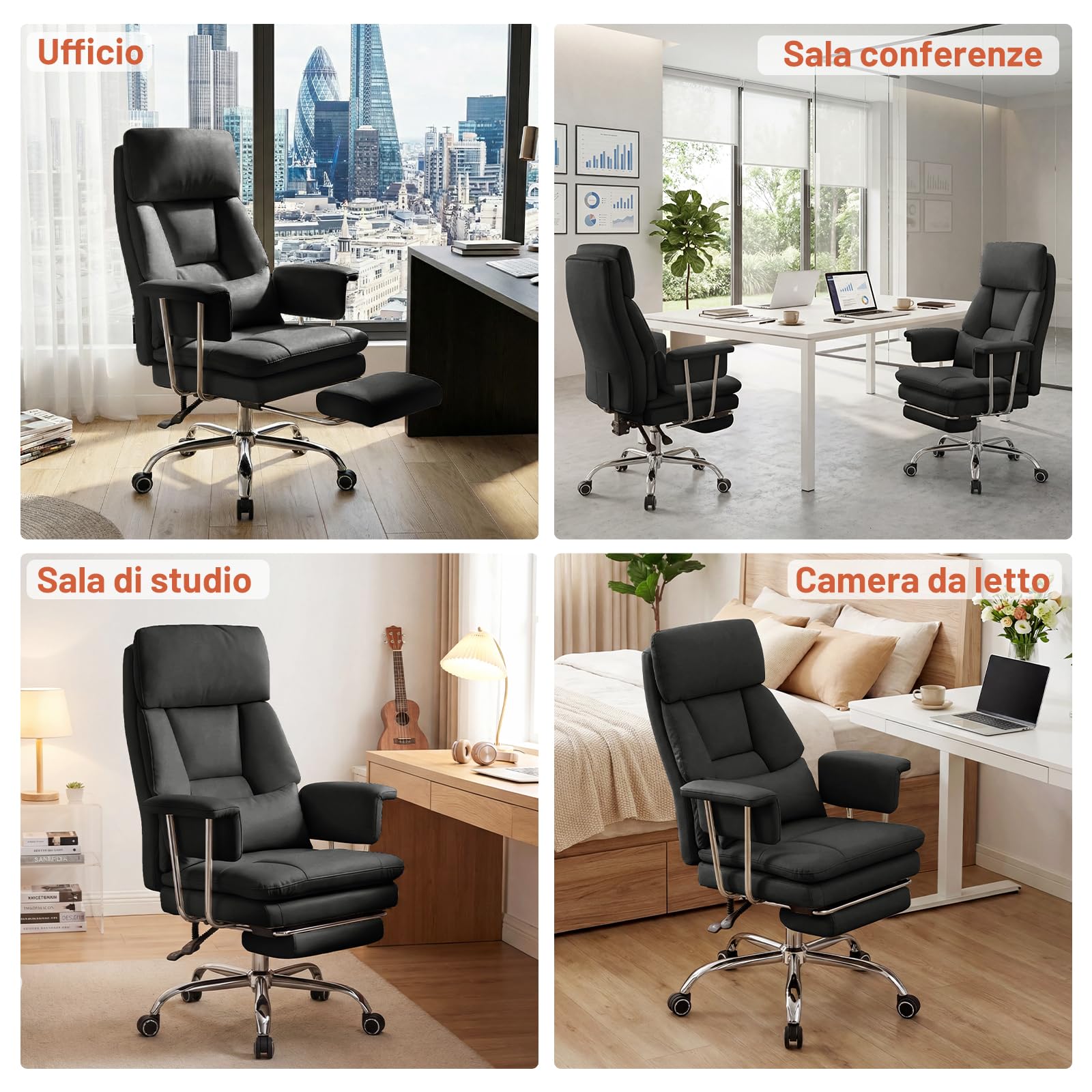 Sedia da Ufficio Direzionale con Poggiapiedi, Poltrona Ufficio Ergonomica Reclinabile in Pelle PU, Sedia da Computer con Cuscino Ispessito e Supporto Lombare 200kg, Nero