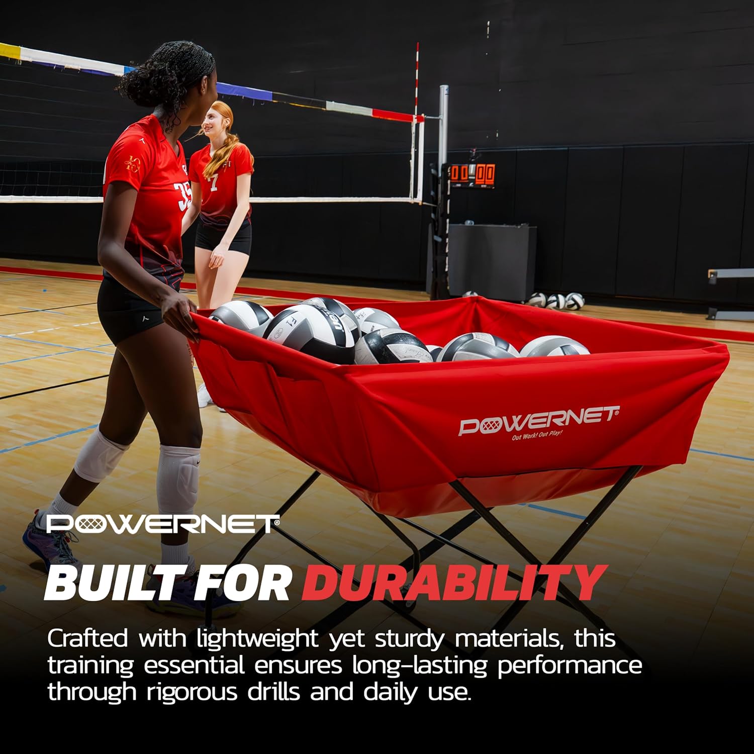 PowerNet Volleyball Wheeled Cart, Rolling Collapsible Cart for Volleyballs, Portable Hammock Ball Cart, Indoor and Outdoor Multisport Ball Caddy, Two Sizes