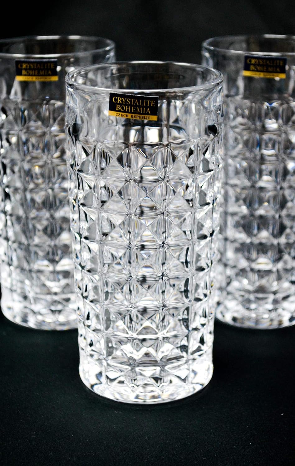 Czech Crystal Glass Set of 6 Tumblers-Highball 8oz./260ml. Elegant Diamond Design Old Fashioned Style Heavy Base Cocktails Wine Juice Water Birthday Wedding Housewarming Anniversary