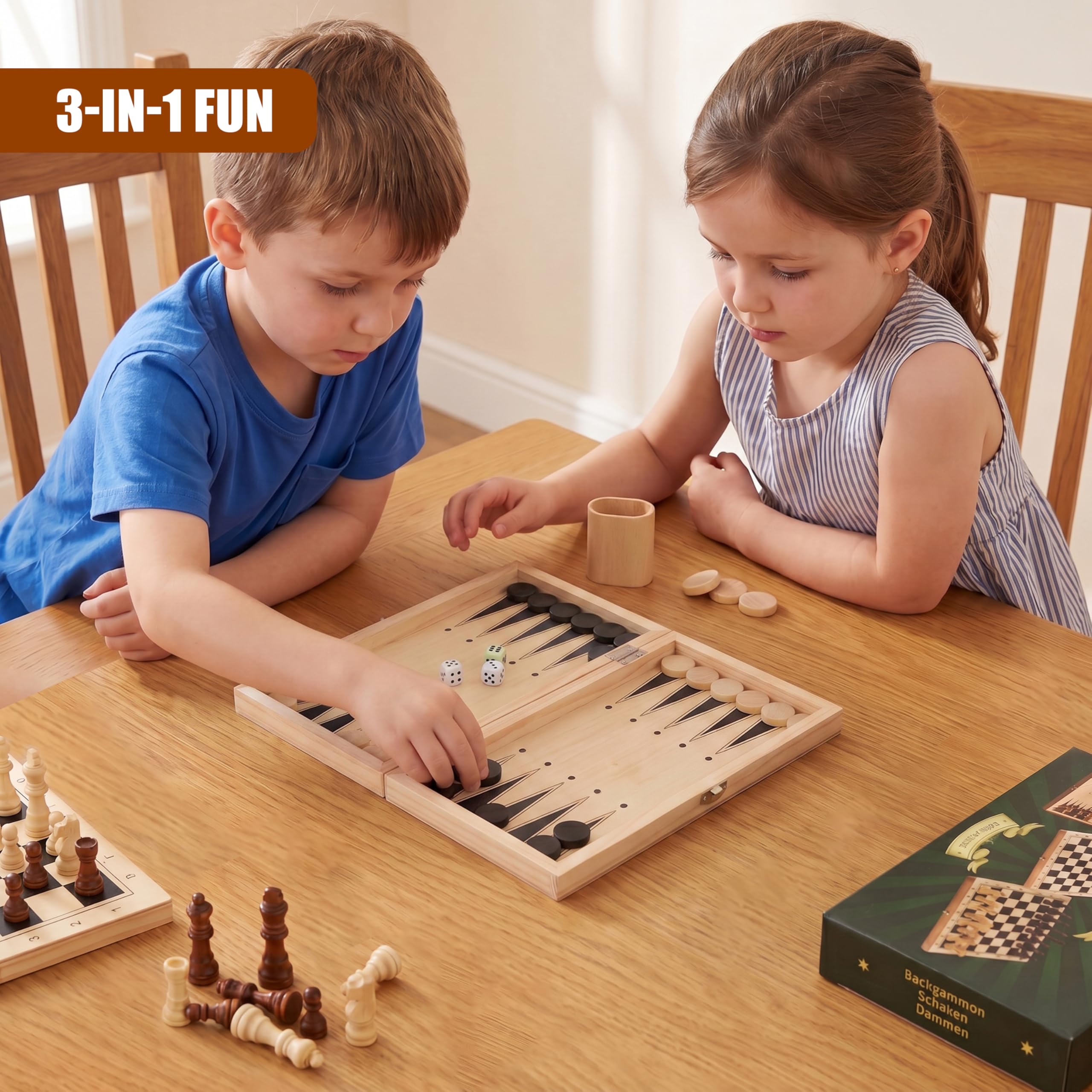 MTS Holzbrettspiel 3 in 1 3 in 1, Kompendium Reisespiele, Schach Backgammon, Damenspiel