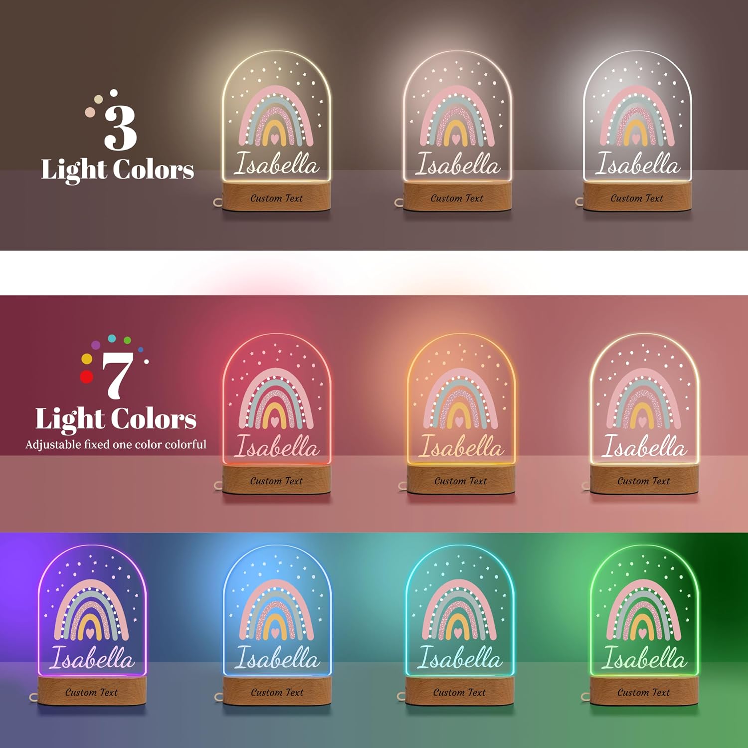 7 Geeft Personalized Baby Gifts Rainbow Night Light, Custom Name LED Acrylic Plaque Lamp, Perfect Baby Shower Christmas Birthday Newborn Gifts for Toddler Girls, Girl's Room Nursery Decor