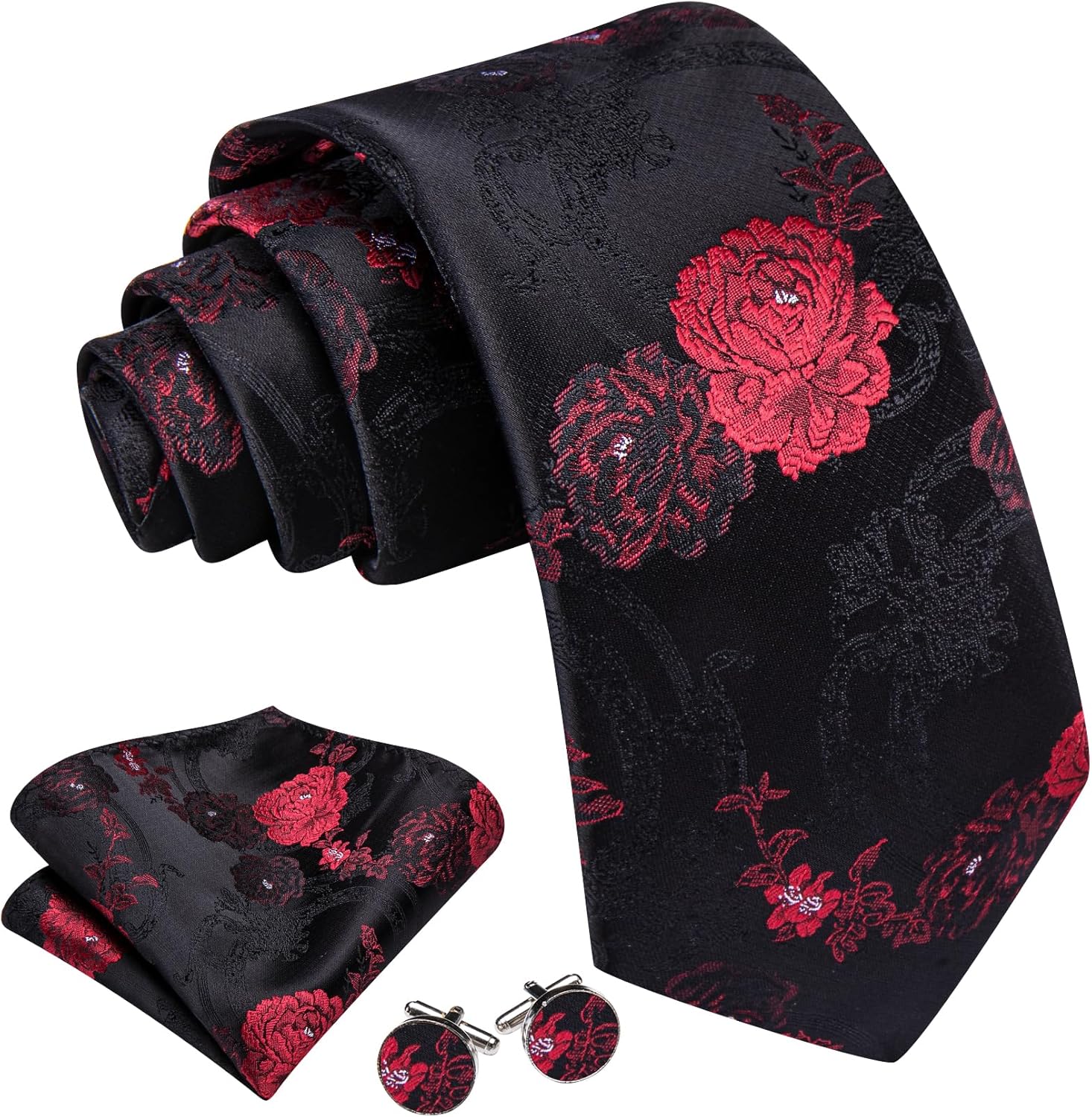 Barry.Wang Flower Ties for Men Silk Woven Floral Tie Sets Necktie Handkerchief Cufflinks Wedding Party - Image 2