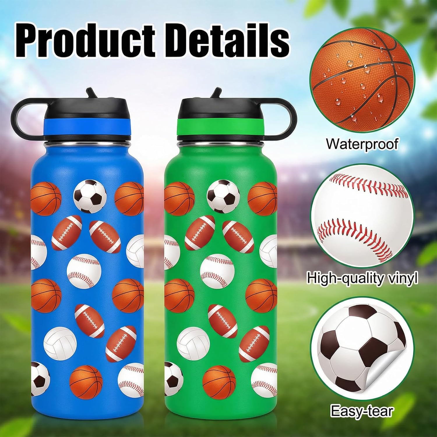 Mini Sports Ball Stickers, 10 Sheets 1000 Pcs Funny Sports Stickers for Kids, Mixed Basketball Football Baseball Soccer Volleyball Sticker for Kids Party Classroom Decor Scrapbooking