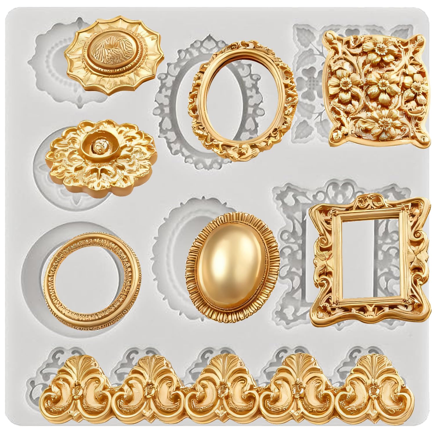 Sijiangmold Baroque Fondant Mould Picture Frames Silicone Moulds Gems Chocolate Mould for Cake Decoration Cupcake Topper Candy Gum Paste Polymer Clay
