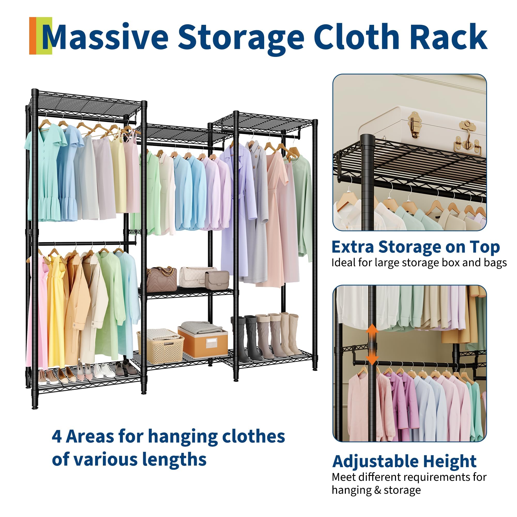 Perchero de Ropa, Perchero Resistente Profesional, Armario Vestidor con 3 Combinaciones Niveles 2×3×2, Vestidor para Dormitorio de Adulto, Negro 180×40×194,2cm