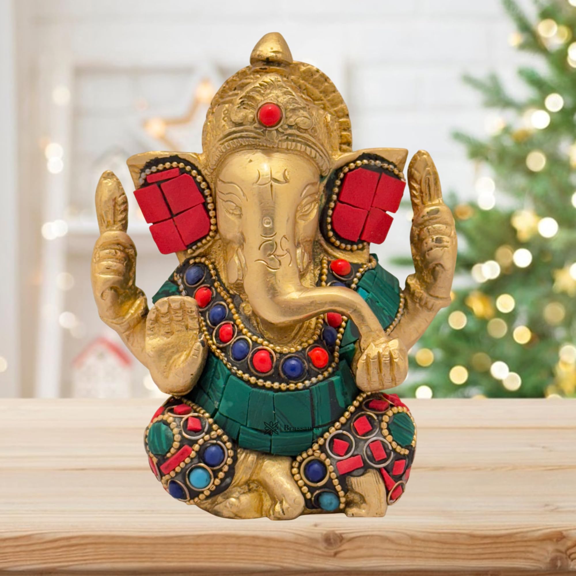 Brassaura™ Brass Gem Stone Work Ganesha Statue for Home Office | Brass Ganesh Murti for Pooja Room | Idol Ganpati for Home Entrace Decor (Weight 860 Gram Height 12 cm) (Hand_BRASSGANESH_06)