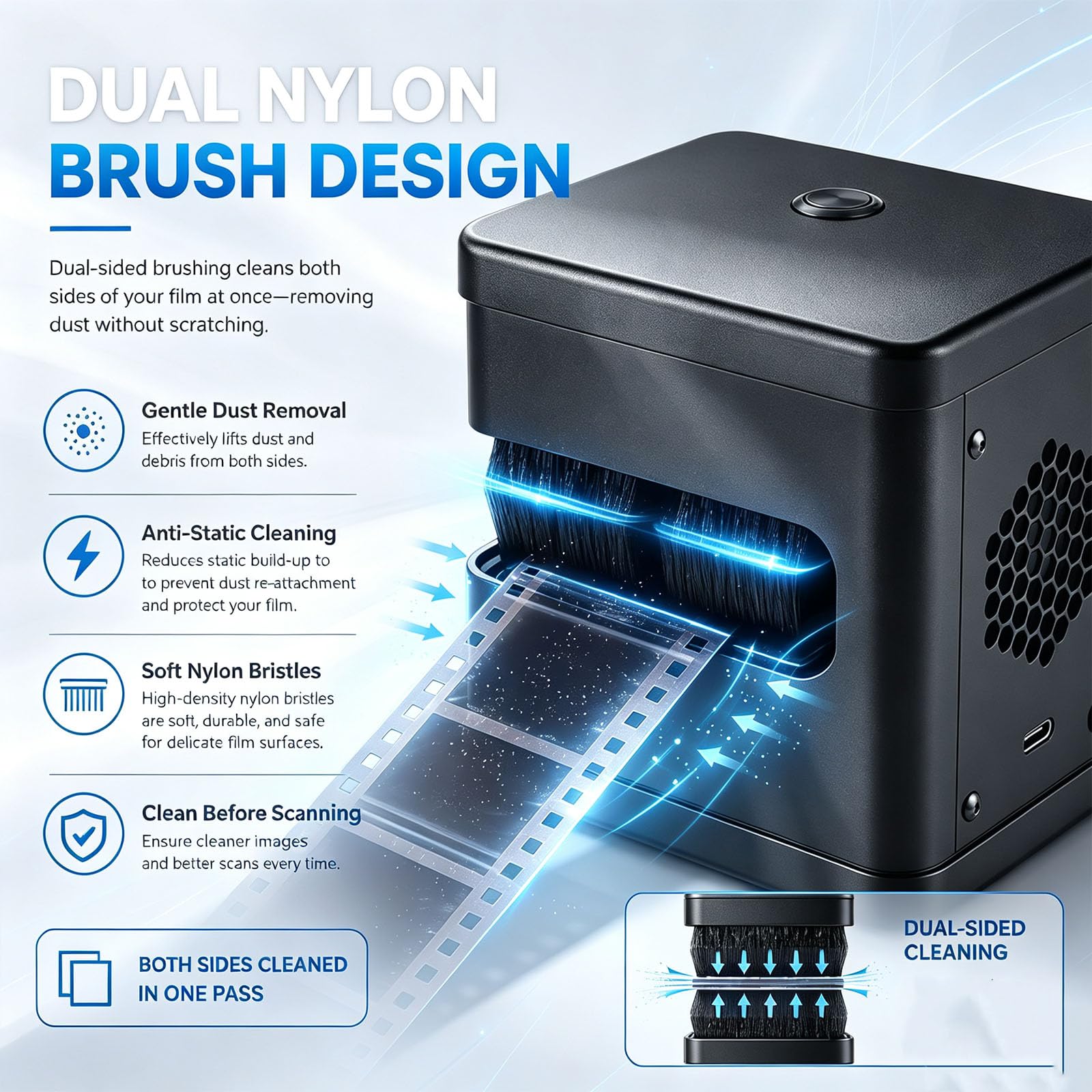 Removedor Eléctrico De Polvo De Película, Limpiador Electrostático De Polvo De Película, Filas De Cerdas Extraíbles, Eliminación De Polvo Y Electricidad Estática, Para Limpieza De Escaneo De