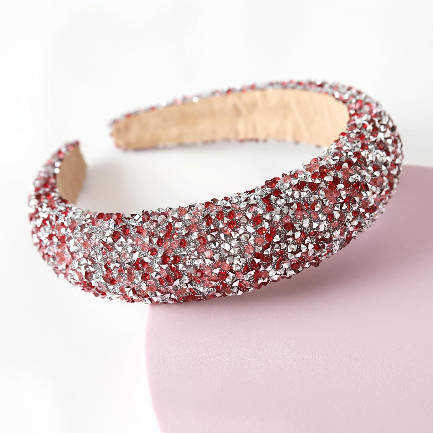 Silver Diamond Rhinestone Headbands for Women Girls Bling Sparkle Beaded Crystal Headband Jeweled Thick Padded Hairband Non Slip Glitter Hair Hoop B-(Red & Pink) image 2