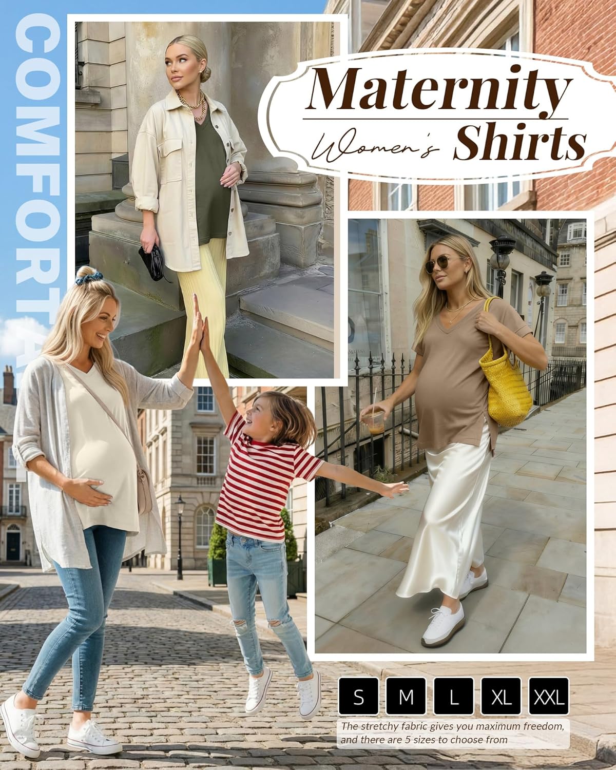 Ficerd 3 Pack Women's Maternity Shirts Short Sleeve Pregnancy T-Shirts V Neck Split Side Tops Casual Soft Maternity Clothes - Image 5