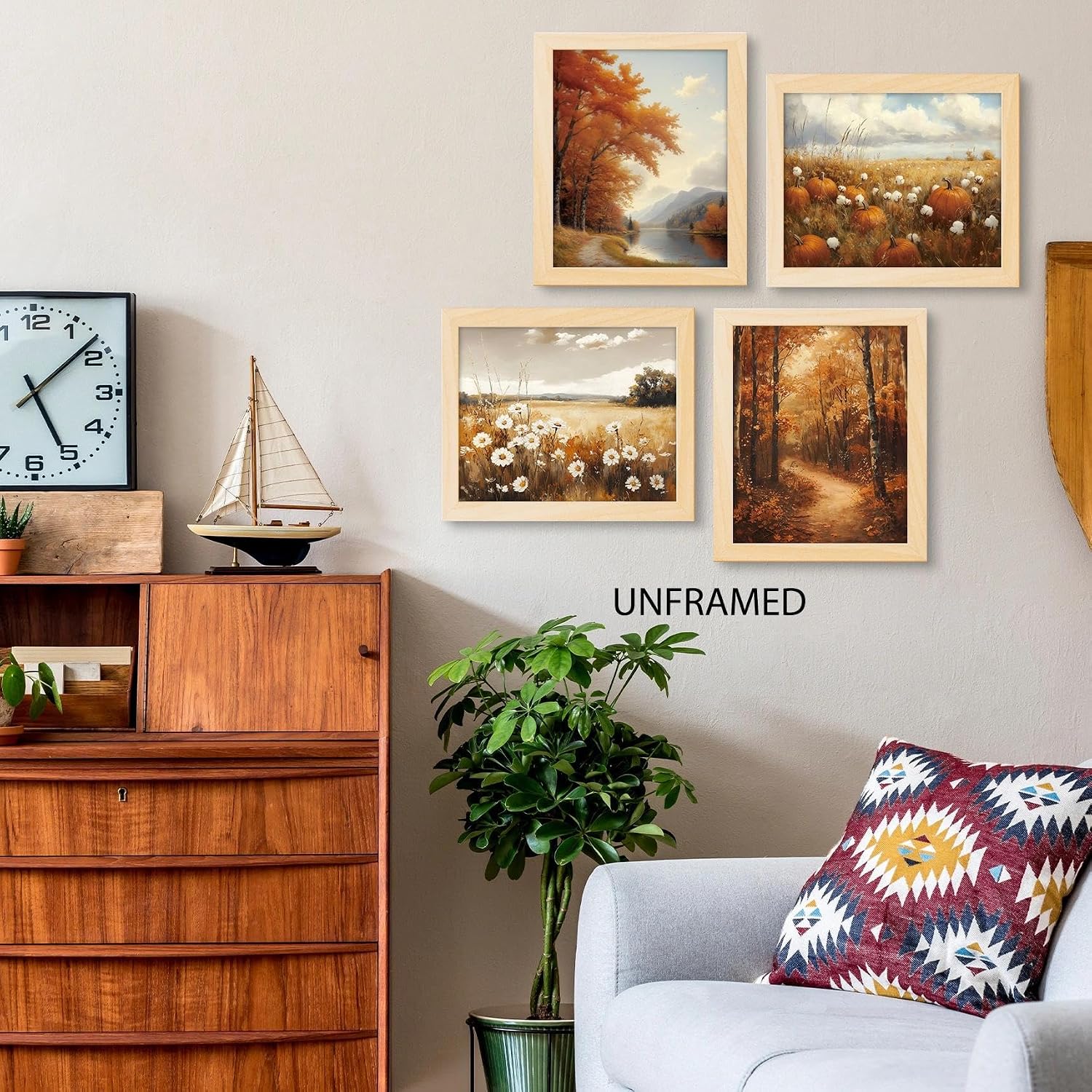 PUHEI Vintage Rustic Fall Wall Art Prints Set of 4, Cottagecore Autumn Pumpkin Wildflower Landscape Wall Posters Decor for Home Bedroom, Fall Gifts for Women Poster Prints (8x10 Inches UNFRAMED)