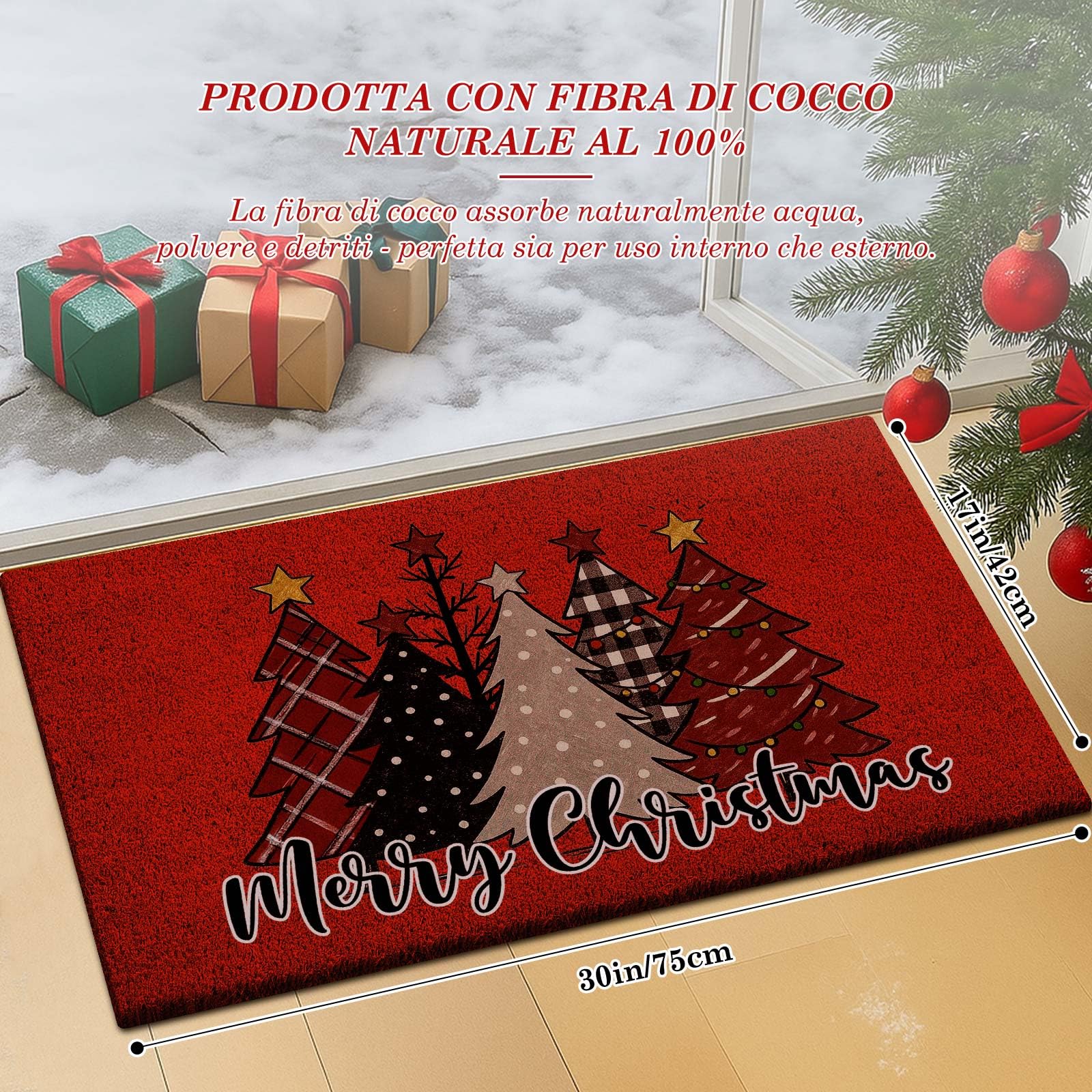 Lanpn 42x75cm Zerbino cocco Natale, Foresta Albero di Natale Antiscivolo Gomma Naturale Tappeto Porta Ingresso Esterno Esterni Tappeto Antiscivolo Zerbino Ingresso per decorazioni natalizie (Rosso)