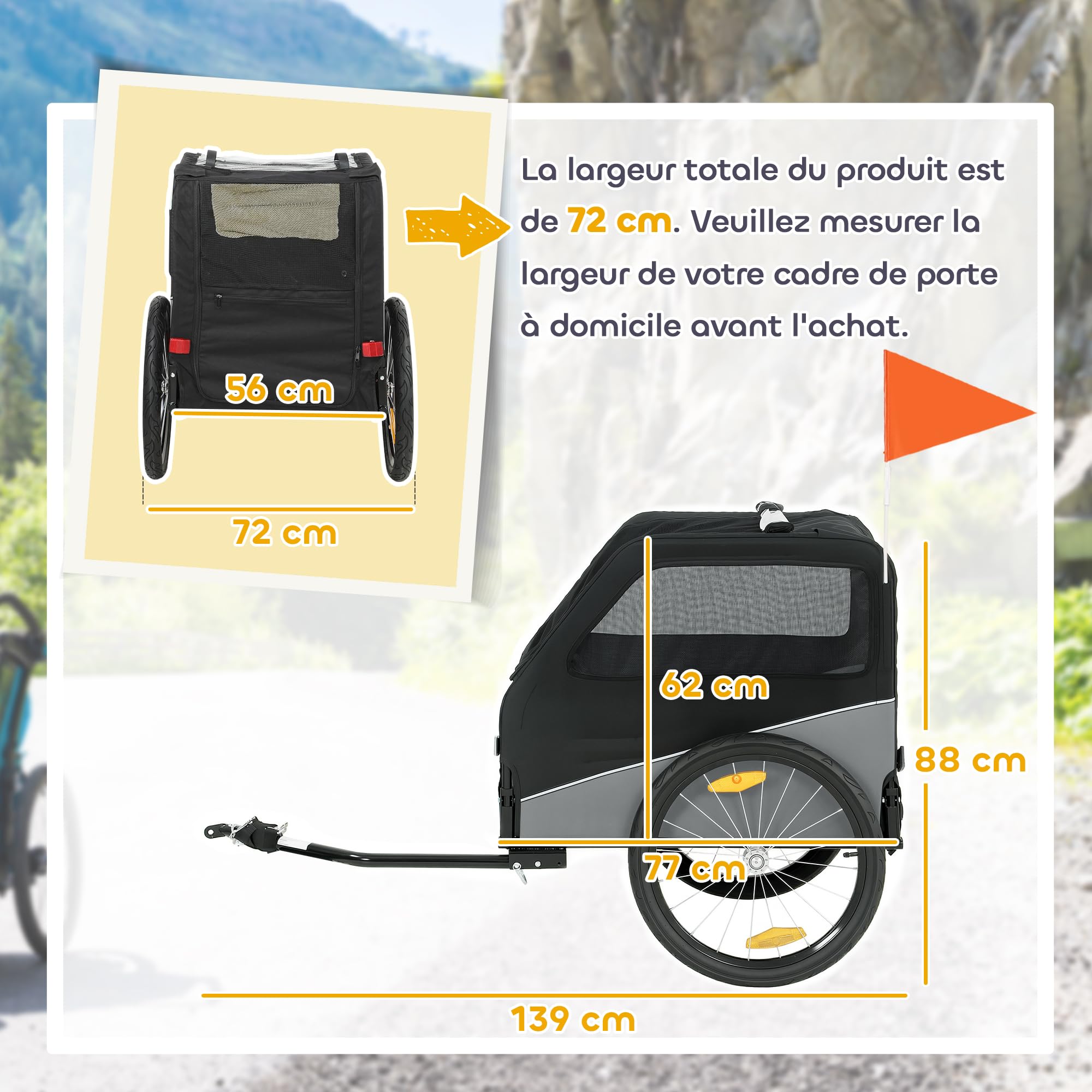 PawHut Remorque Vélo Chien avec Pneus 20" en Caoutchouc à Dégagement Rapide, Chariot pour Chien Moyen avec Attache Universelle, Réflecteurs, Drapeau, Laisse, Charge 20 kg, Gris et Noir