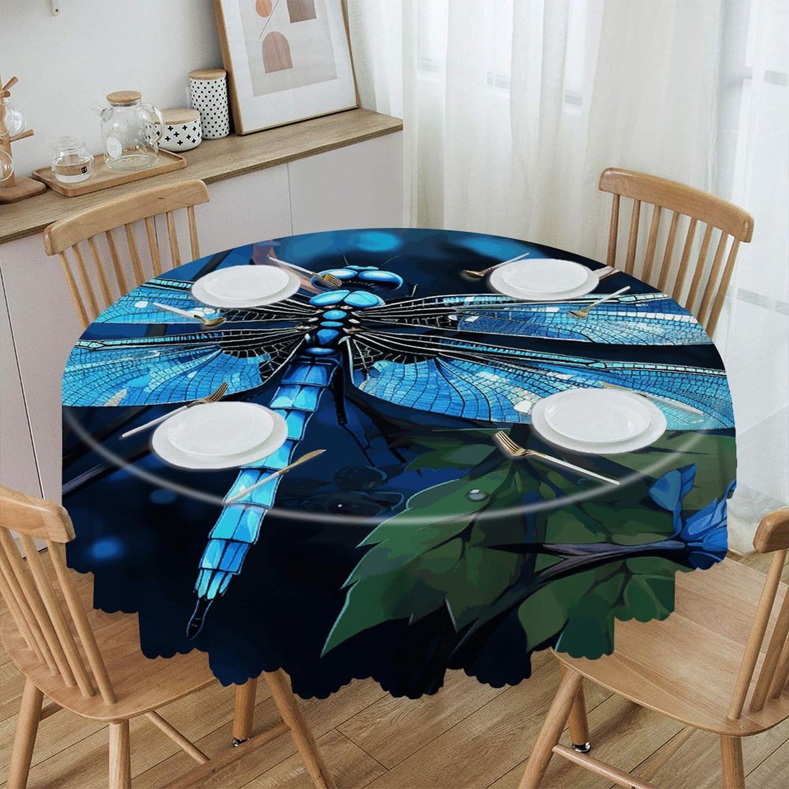 VstaDank Art Blue Dragonfly Round Tablecloth Premium Polyester Table Cloth Heavy Duty Washable Fabric Tablecloth Waterproof Holiday Table Cover Decorative Tablecloths for Dining 60"
