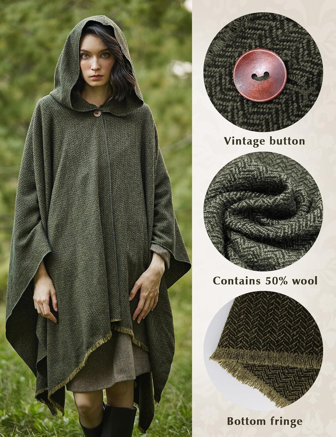 BEAUTELICATE Women Wool Cloak with Hood Open Front Warm Cardigans Blanket Vintage Poncho - Image 4